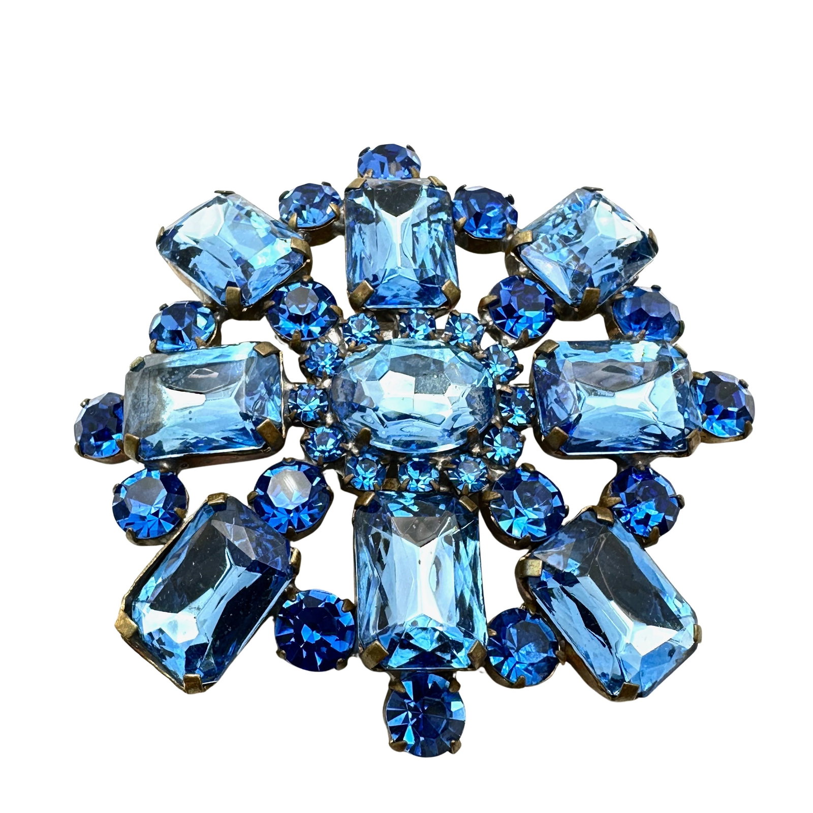 Vintage Bijoux M. G. Blue Czech Glass Gold Tone Brooch 3 Inch Unplated Back Customary for this Type: Vintage Bijoux M. G. Blue Czech Glass Gold Tone Brooch 3 Inch Unplated Back Customary for this Type
