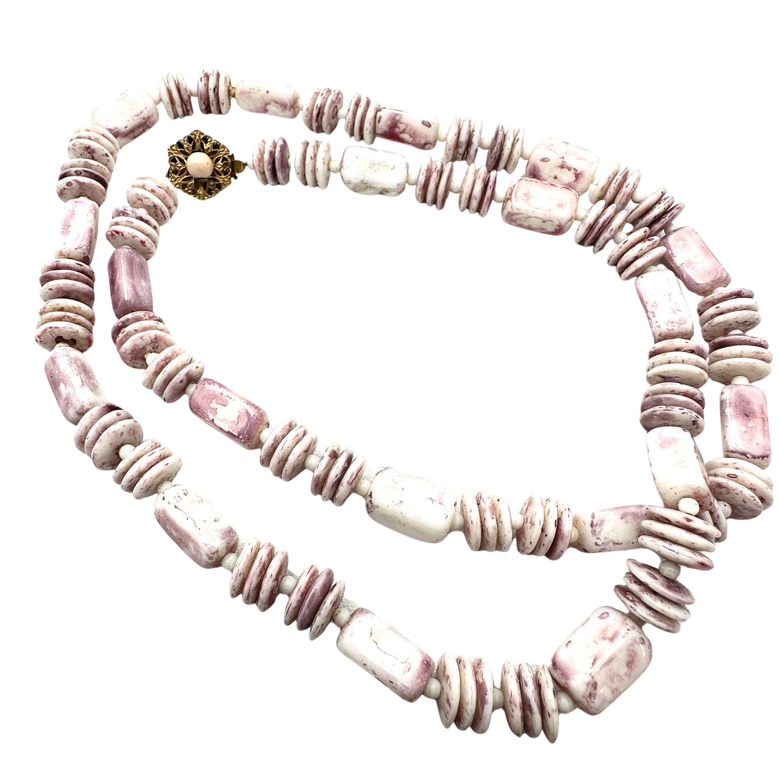 Vintage Miriam Haskell Pink Speckled Glass Bead Gold Tone Necklace 28 Inch Length: Vintage Miriam Haskell Pink Speckled Glass Bead Gold Tone Necklace 28 Inch Length