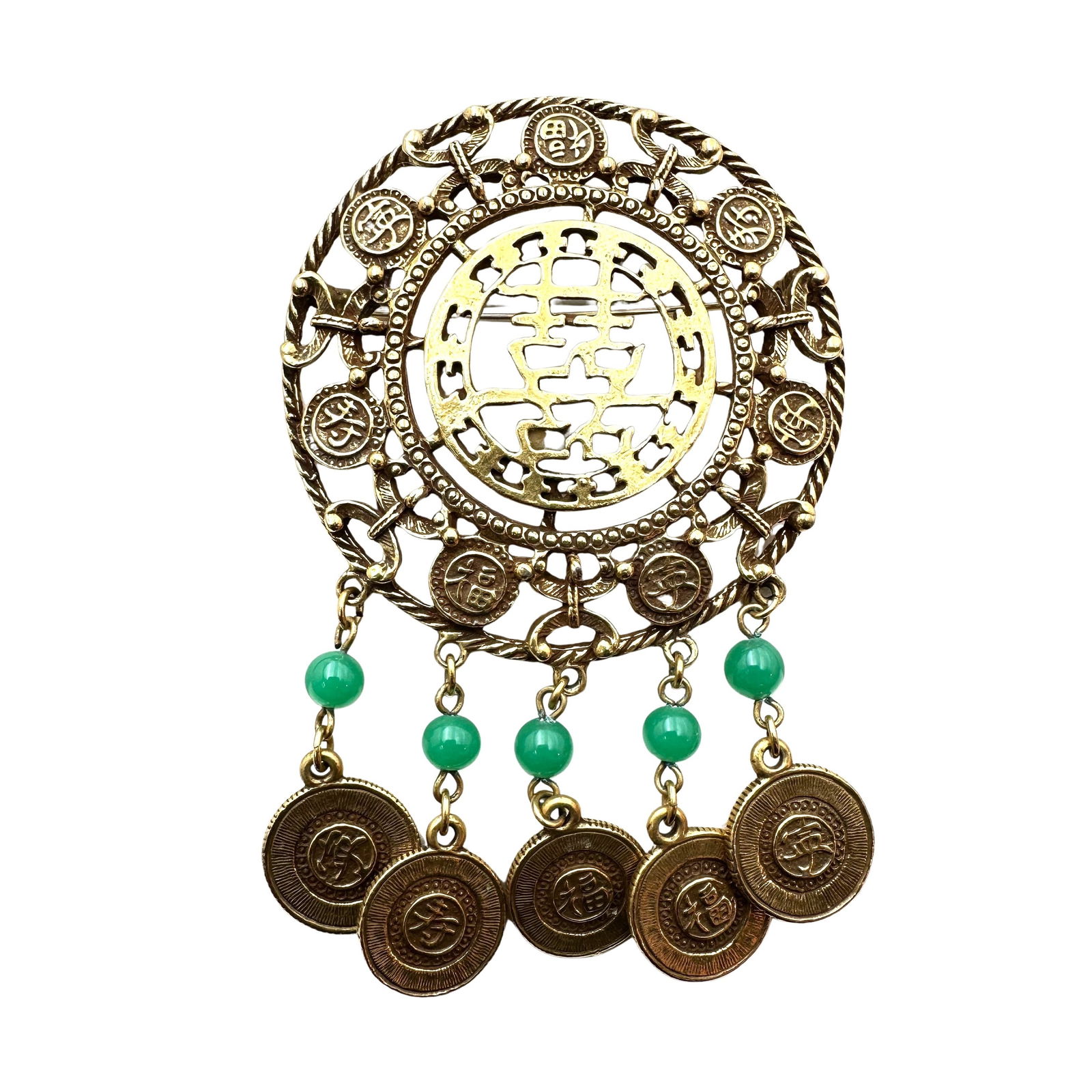 Vintage Goldette Asian Symbol Coins Antiqued Gold Tone Statement Brooch Pin 3.5 Inch (1 of 2)