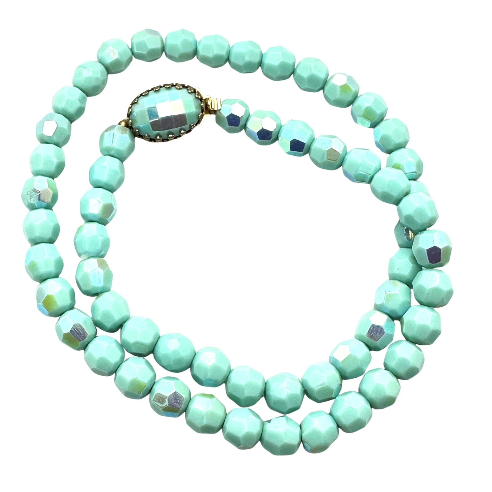 Vintage Aqua Blue Aurora Borealis Glass Bead Necklace 17 Inch Length: Vintage Aqua Blue Aurora Borealis Glass Bead Necklace 17 Inch Length