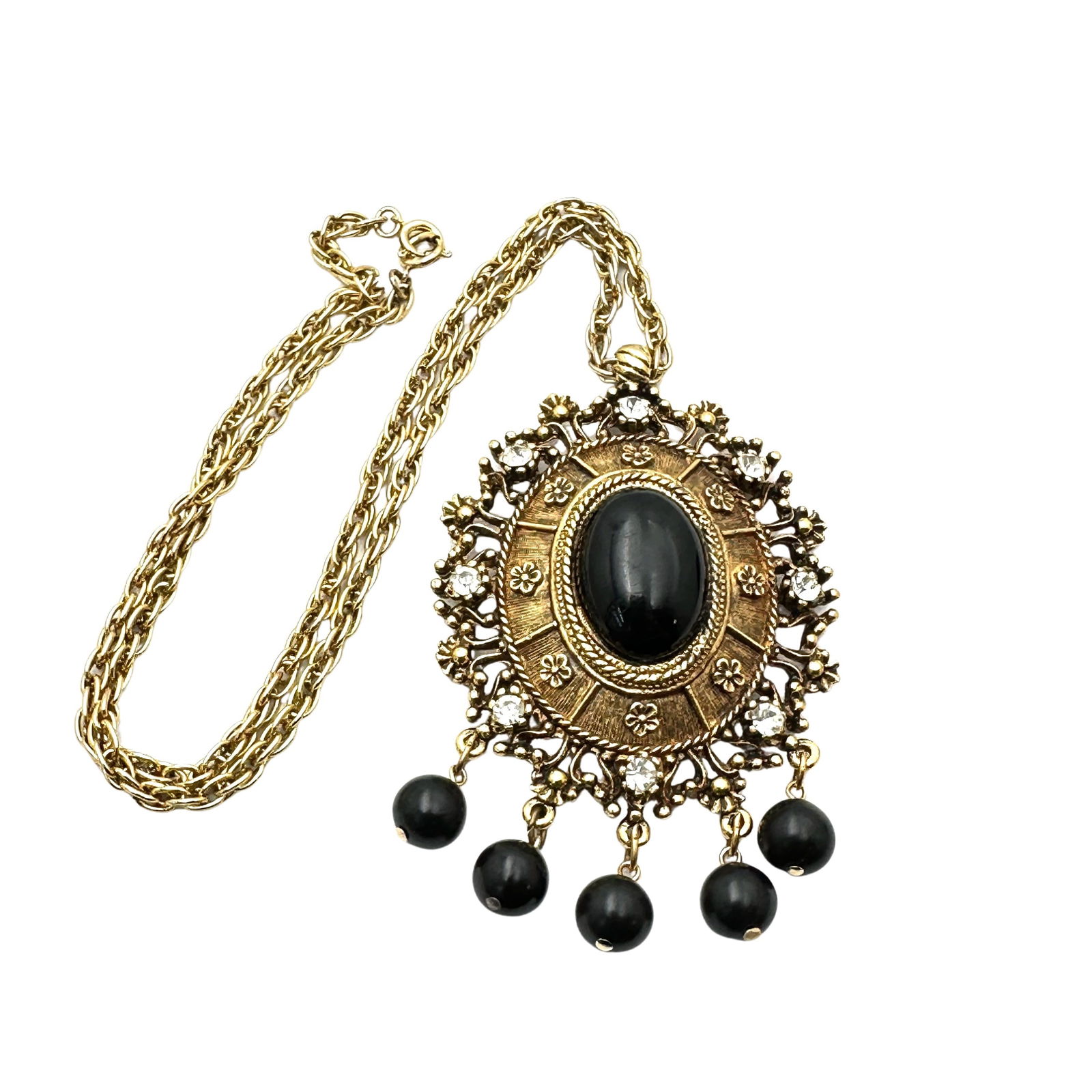 Vintage Celebrity Gems Clear Rhinestone Black Lucite Antiqued Gold Tone Necklace 20 Inch: Vintage Celebrity Gems Clear Rhinestone Black Lucite Antiqued Gold Tone Necklace 20 Inch