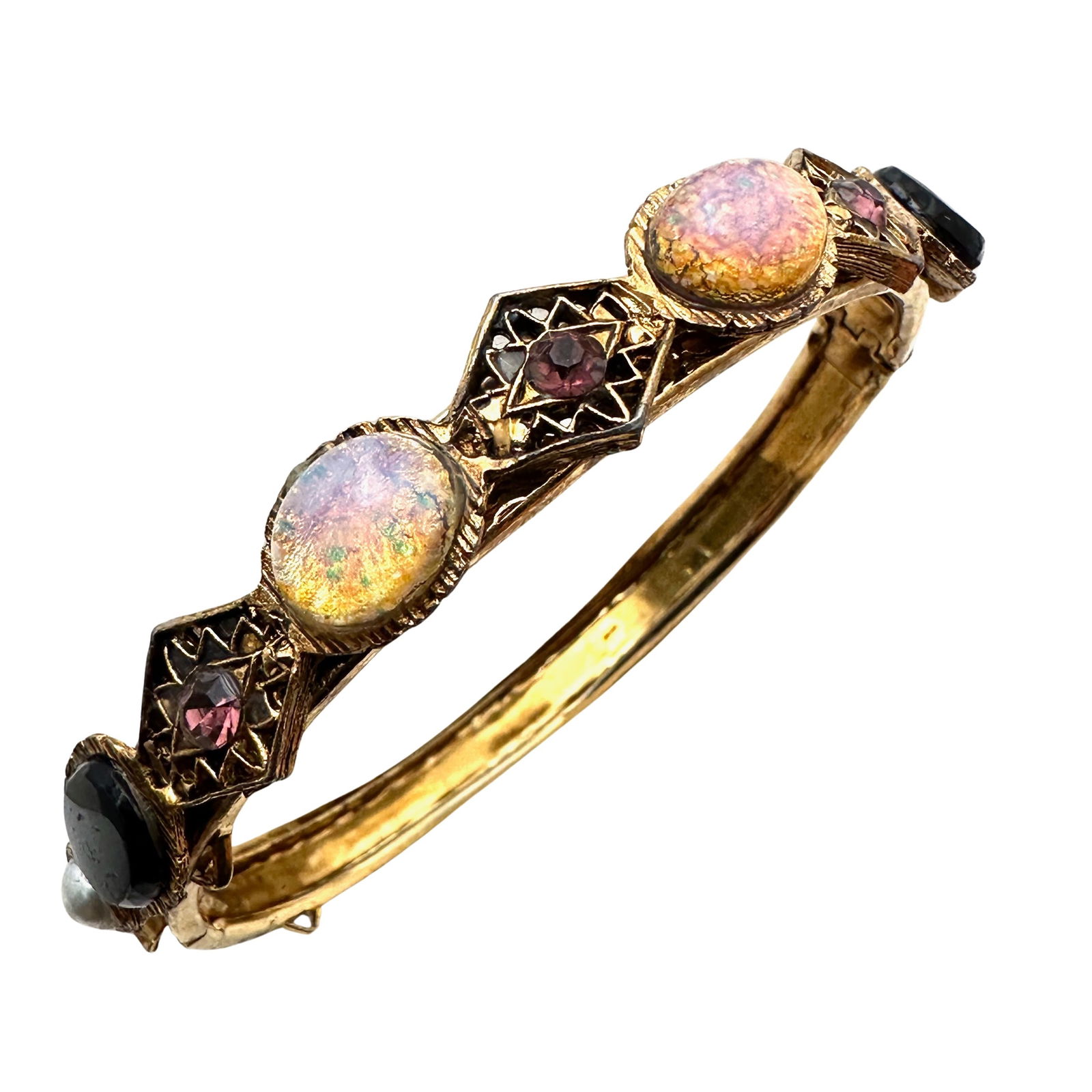 Vintage Dragons Breath Purple Rhinestone Antiqued Gold Tone Hinged Bangle Bracelet 7 Inch (1 of 2)