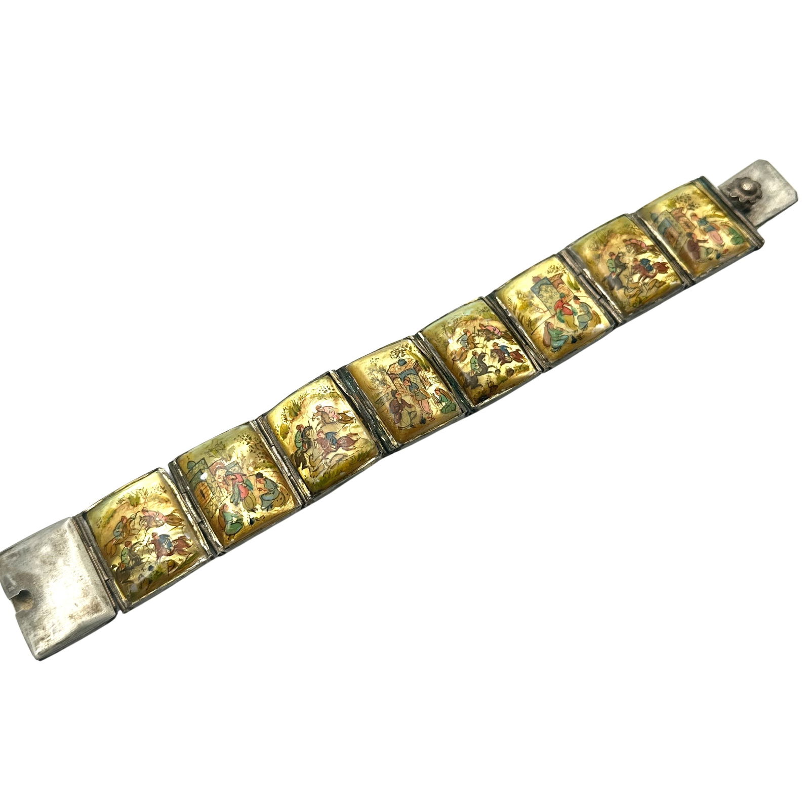 Vintage Hand Painted Story Teller Panel Bracelet Silver Tone 7.5 Inch Length (1 of 2)