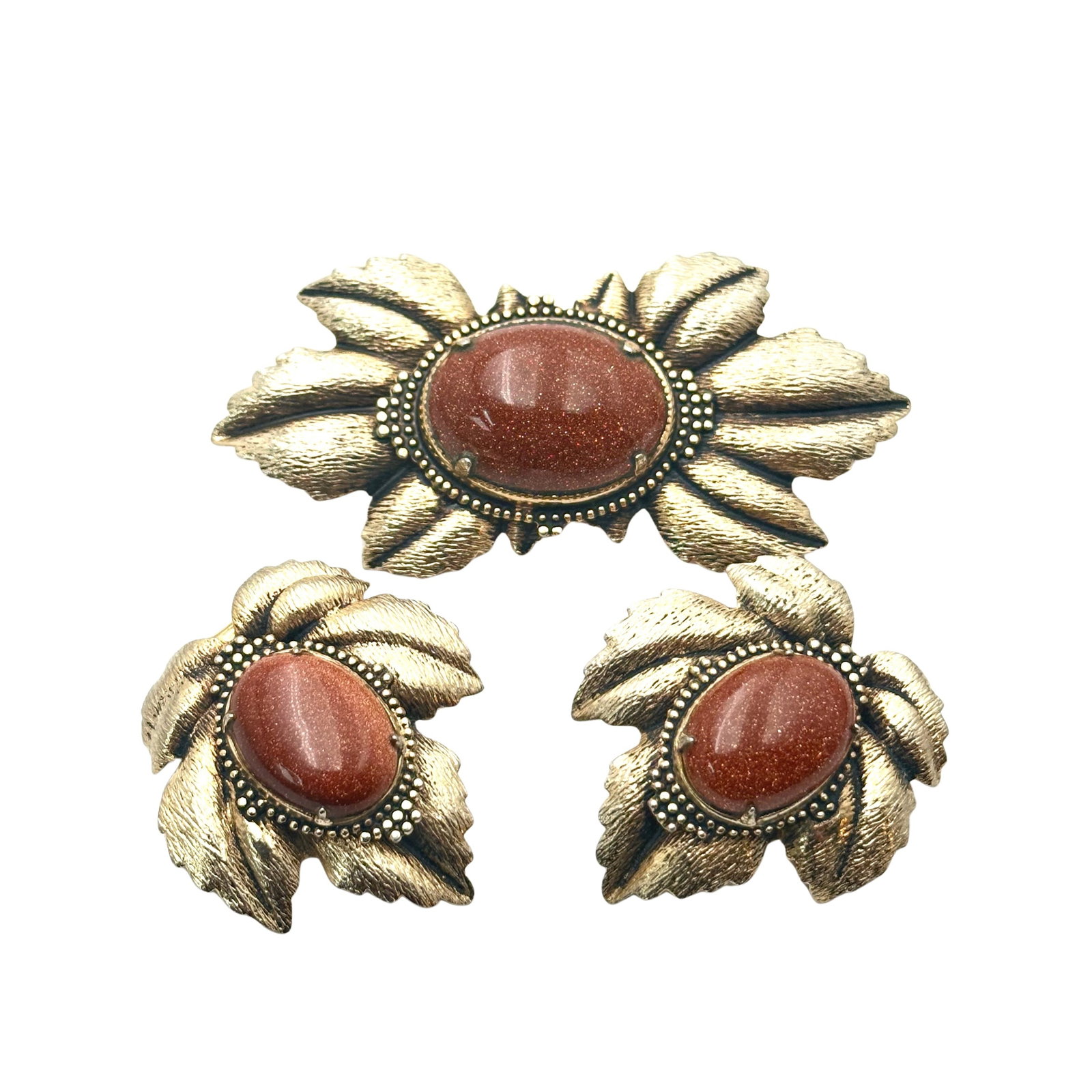 Vintage Gold Stone Gemstone Gold Tone 2.5 Inch Brooch And Clip Earrings Set: Vintage Gold Stone Gemstone Gold Tone 2.5 Inch Brooch And Clip Earrings Set