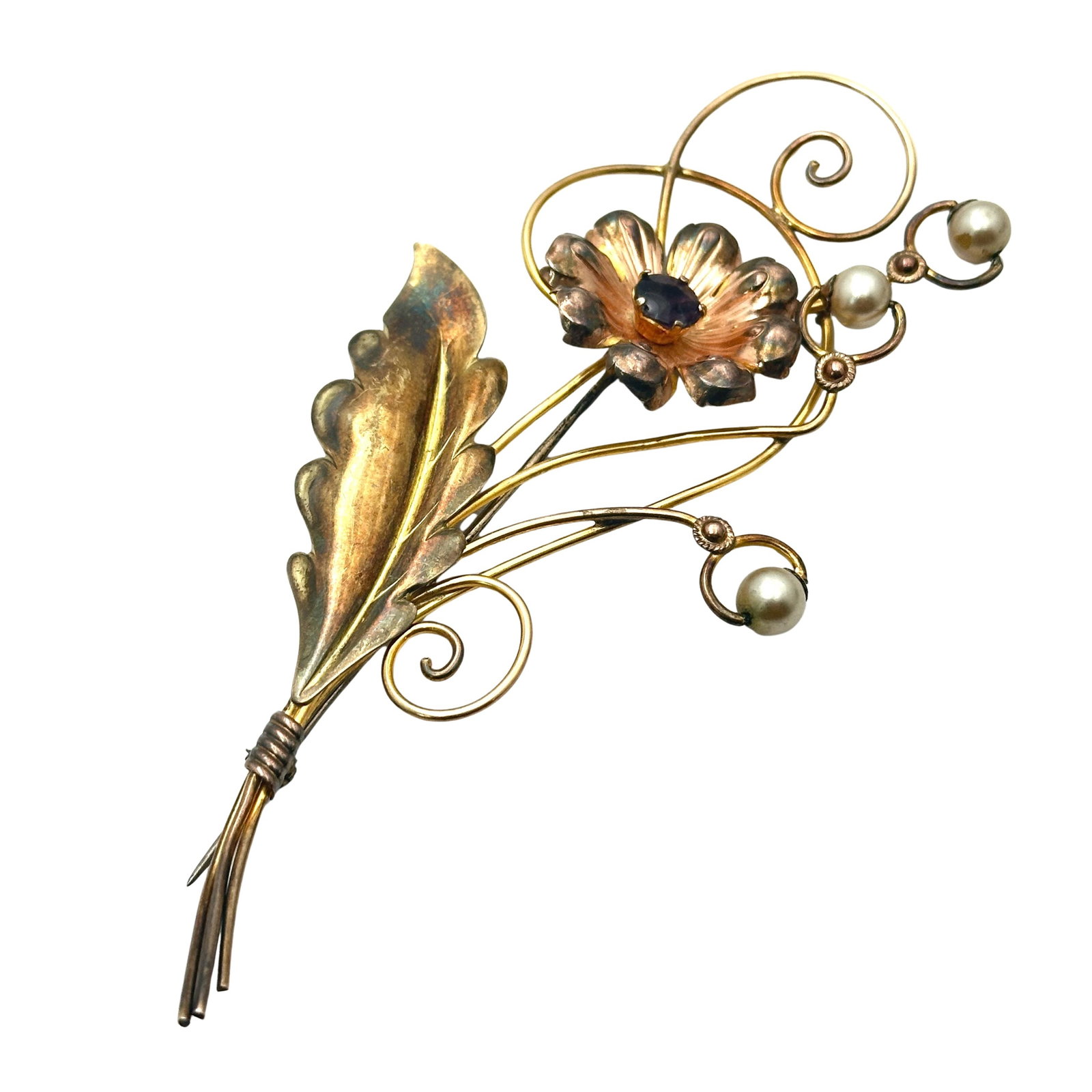 Vintage 1940s Era Van Dell 12K 2 Tone Gold Filled Flower Brooch Pin 4 Inch: Vintage 1940s Era Van Dell 12K 2 Tone Gold Filled Flower Brooch Pin 4 Inch