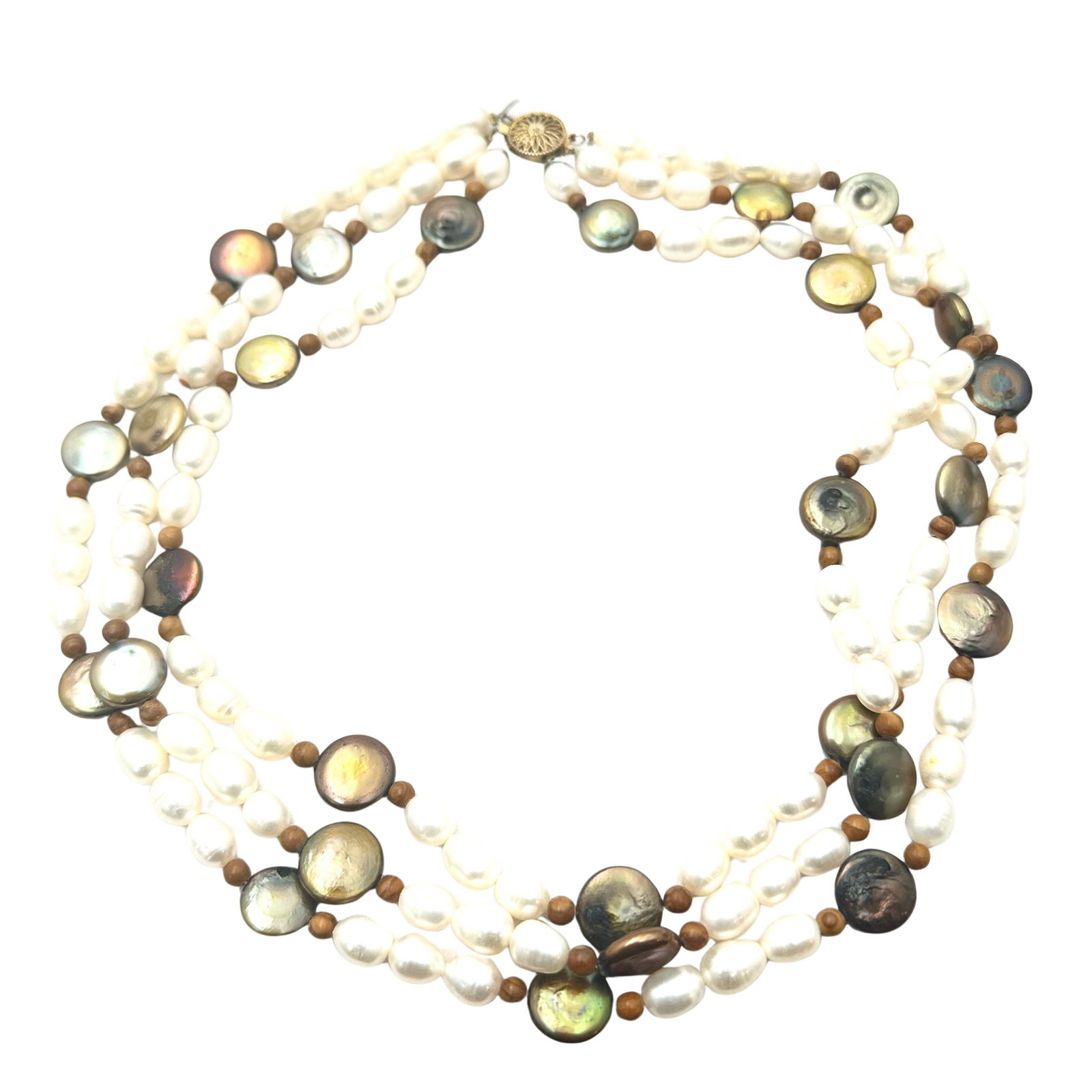 Vintage 14K Gold Filled Gold Coin Pearl and White Pearl Three Strand Necklace 16 Inch: Vintage 14K Gold Filled Gold Coin Pearl and White Pearl Three Strand Necklace 16 Inch