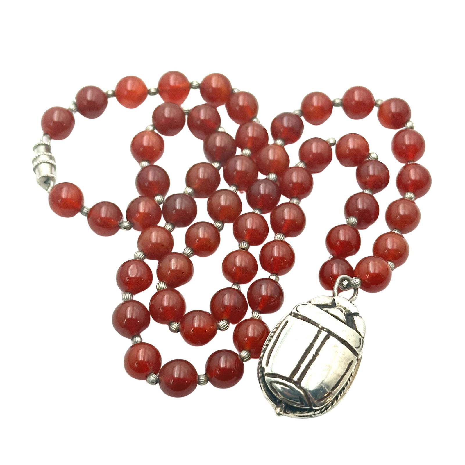 Vintage Sterling Silver Carnelian Gemstone Reversible Scarab Pendant Carnelian Bead Necklace 20 Inch (1 of 2)