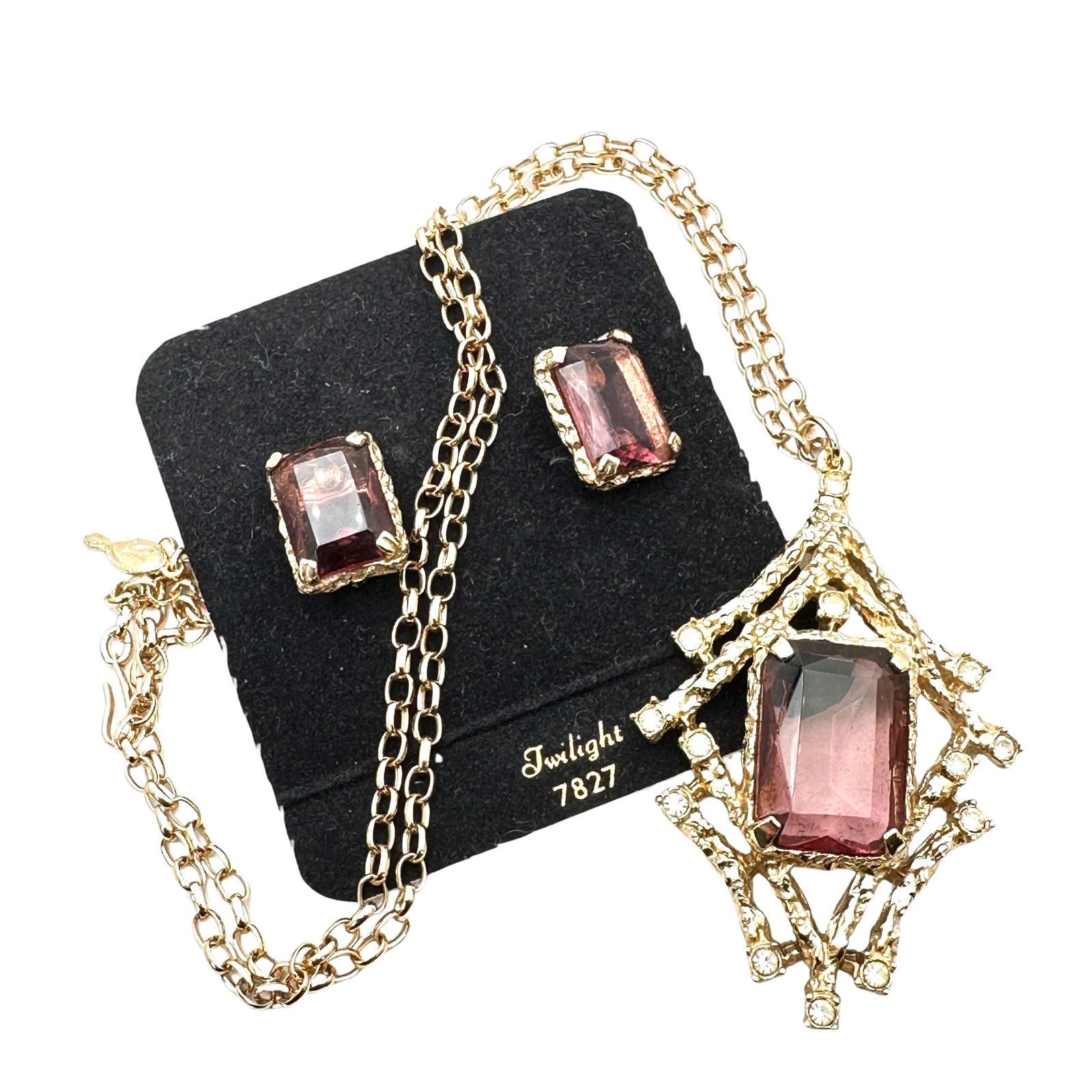 Vintage Sarah Coventry "Twilight" Purple Glass Stone Gold Tone Necklace Clip Earrings Set NOS Unworn (1 of 1)