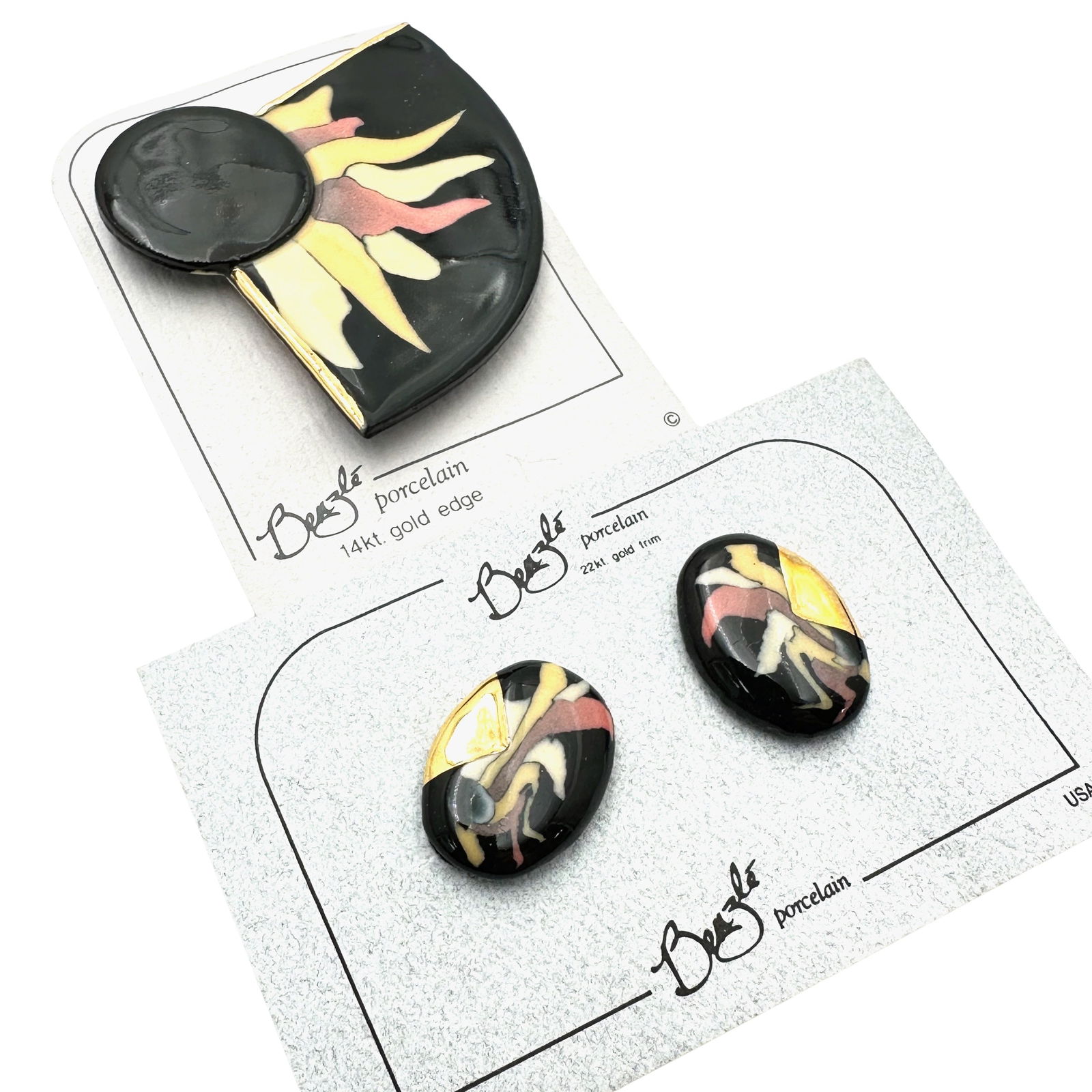 Artisan Curtis and Suzan Benzel Hand Painted Enamel Brooch Pin Earrings 22K Gold Rim: Artisan Curtis and Suzan Benzel Hand Painted Enamel Brooch Pin Earrings 22K Gold Rim