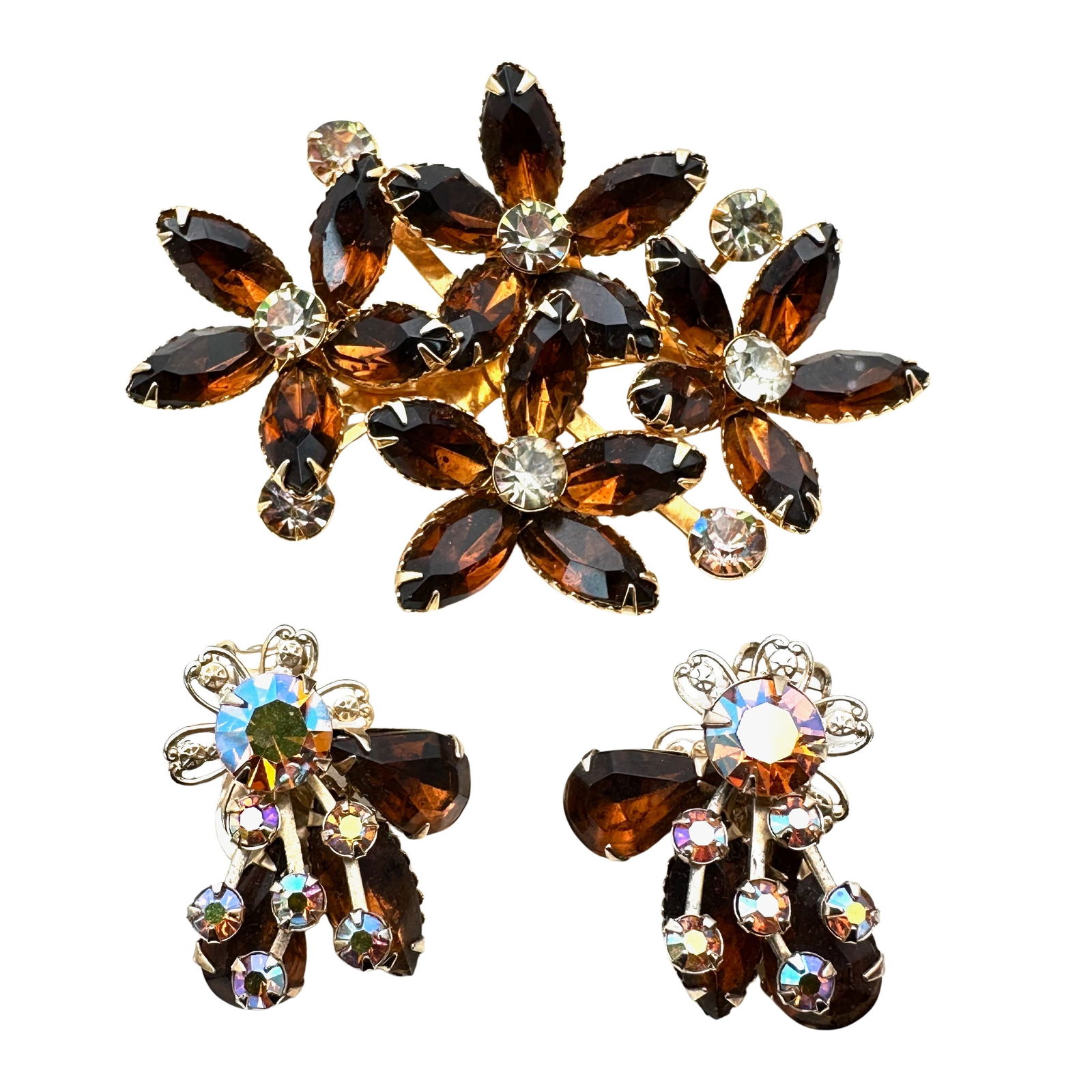 Vintage Unsigned Amber Colored Glass Rhinestone Brooch Clip Earrings Set (1 of 2)