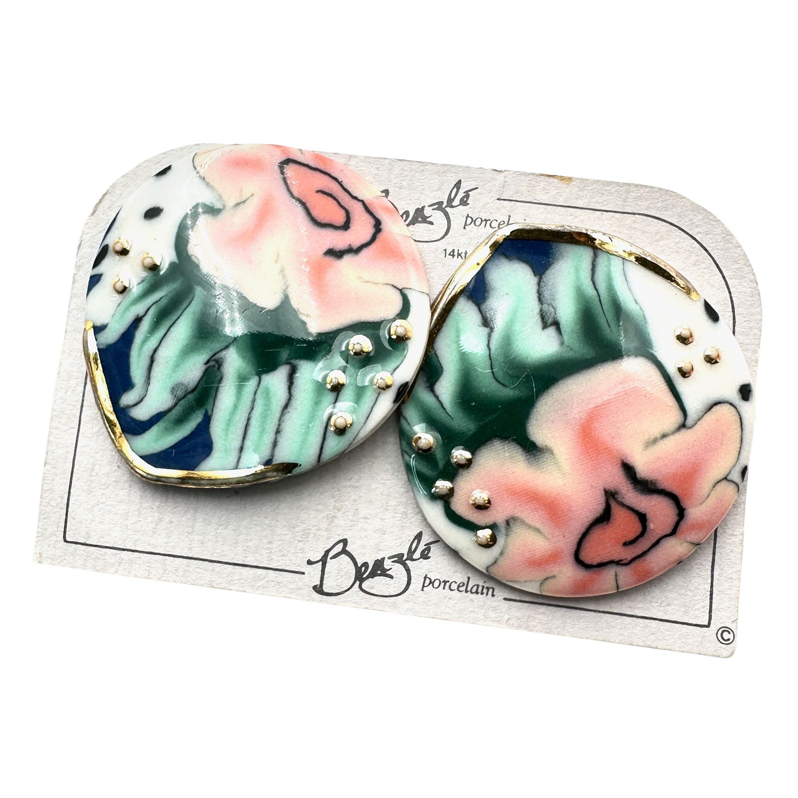Artisan Curtis and Suzan Benzel Hand Painted Enamel Clip Earrings 22K Gold Rim: Artisan Curtis and Suzan Benzel Hand Painted Enamel Clip Earrings 22K Gold Rim