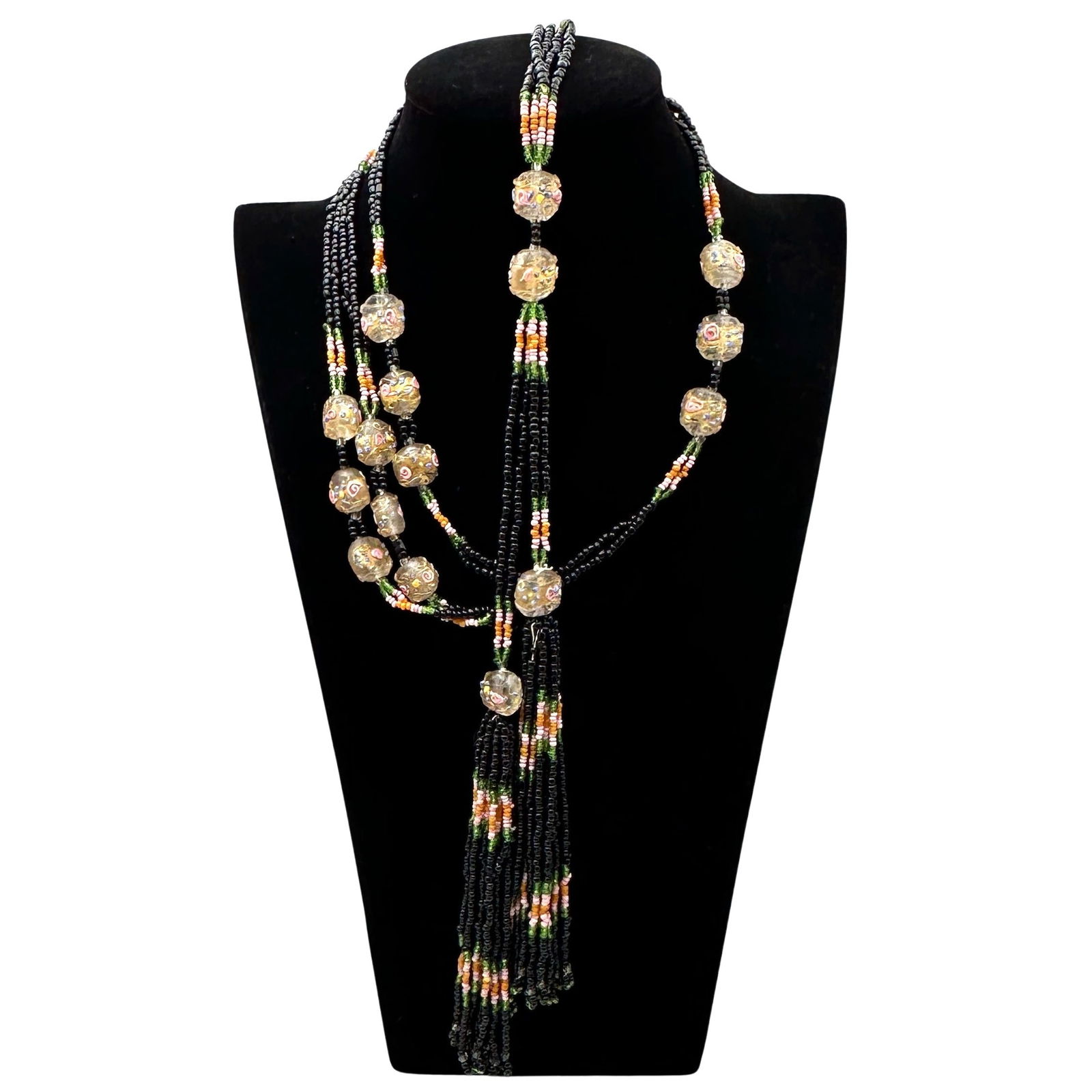 Antique Vintage Wedding Cake Glass Bead Flapper Necklace Plack Pink Green (1 of 2)