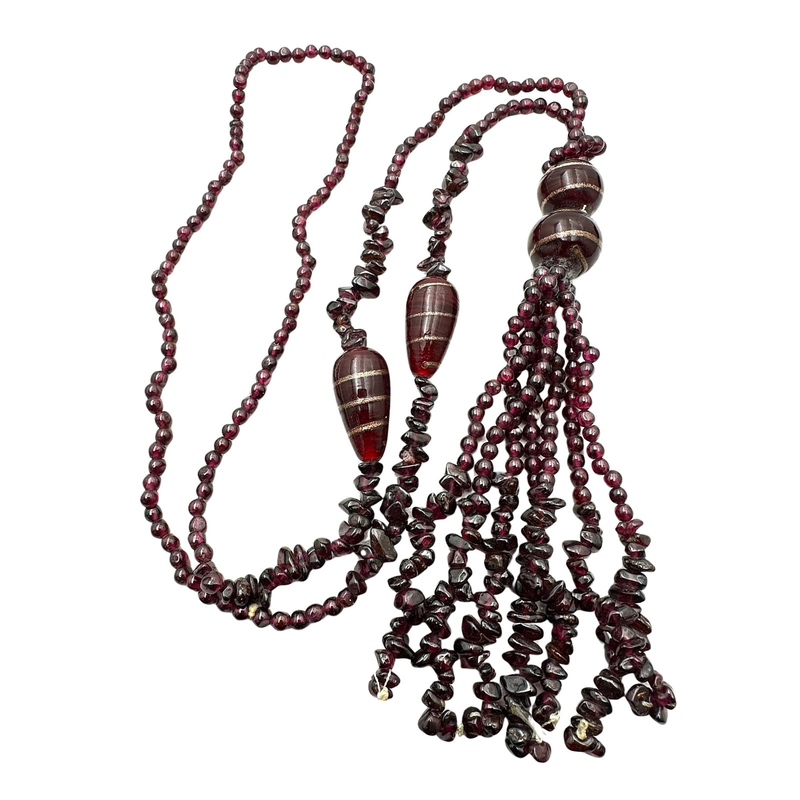 Vintage Garnet and Italian Art Glass Bead 26 Inch Tassel Necklace: Vintage Garnet and Italian Art Glass Bead 26 Inch Tassel Necklace