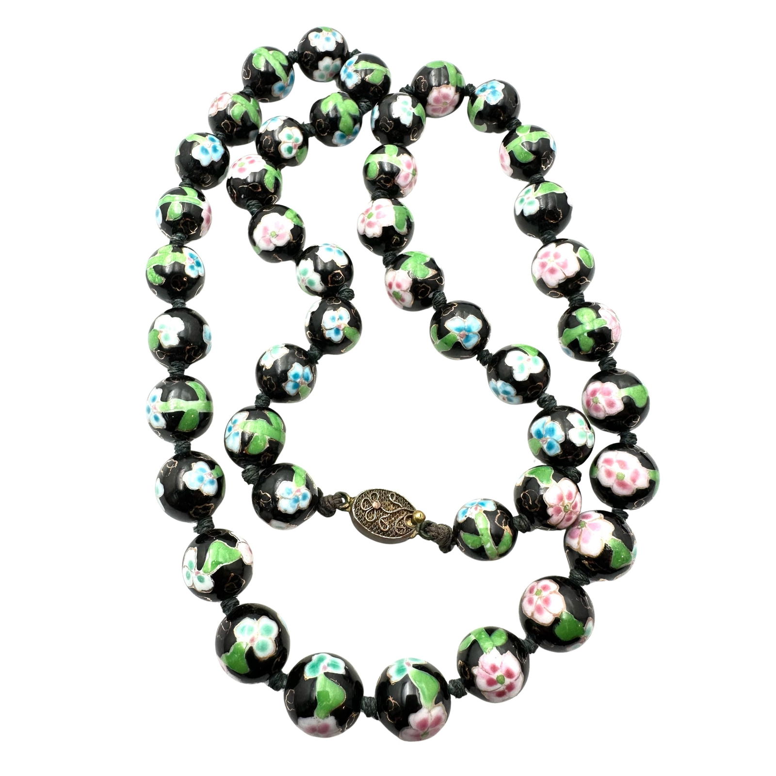 Vintage Chinese Export Pink Blue Black Cloisonne Bead Gold Vermeil Clasp 24 Inch: Vintage Chinese Export Pink Blue Black Cloisonne Bead Gold Vermeil Clasp 24 Inch