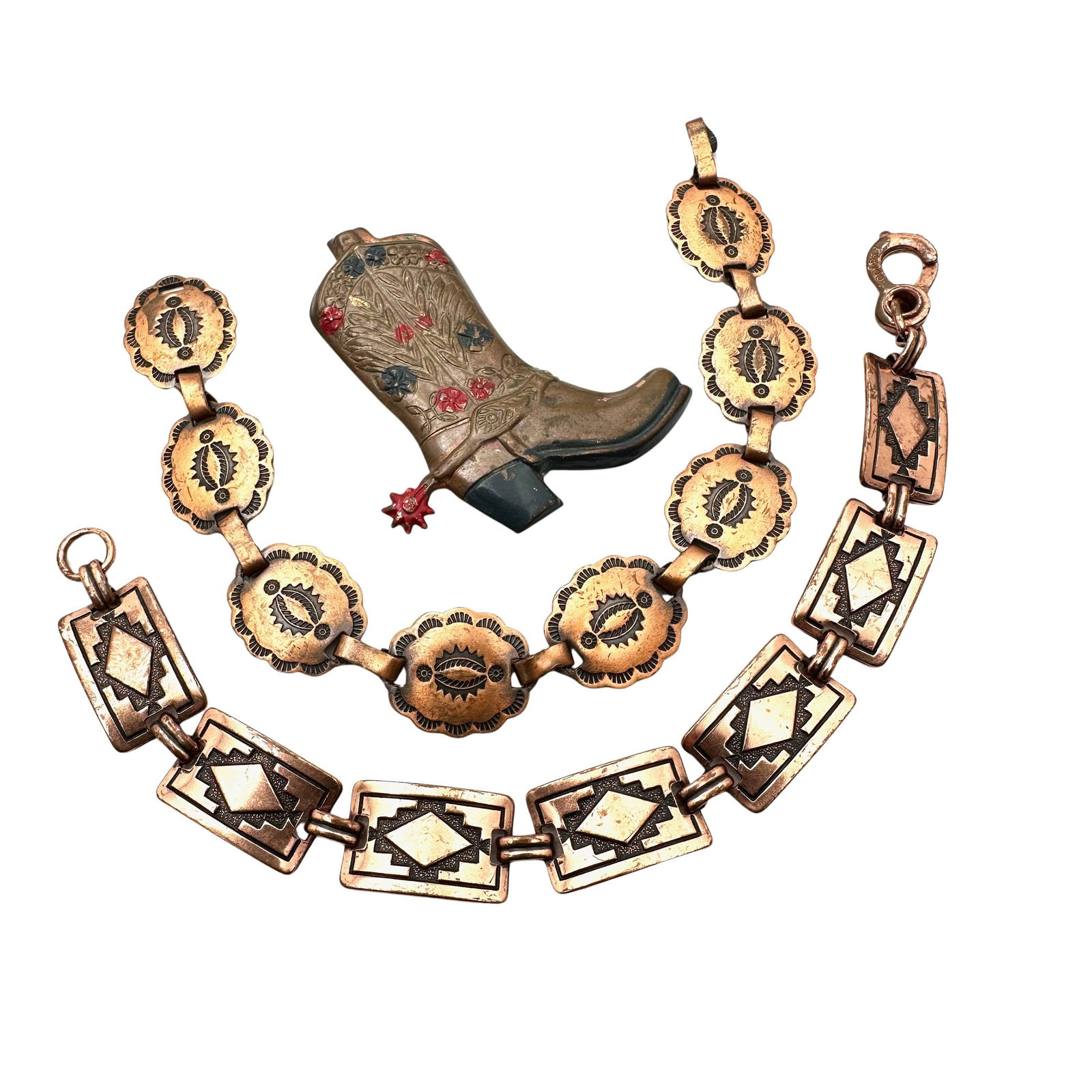 American Southwest Copper Group of Two Bracelets Cowboy Boot Brooch Pin (1 of 2)