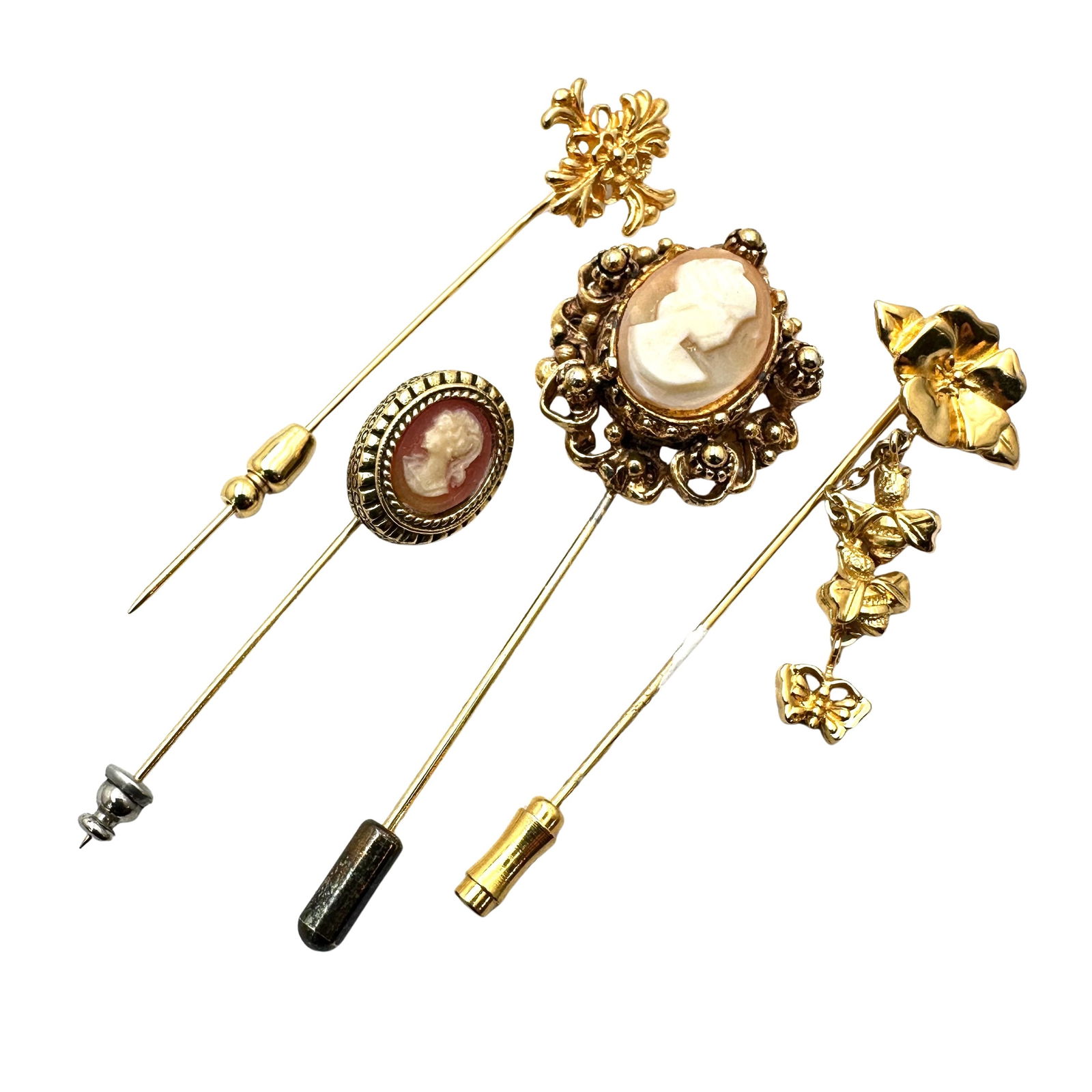 Vintage Group of Stick Pins Carved Cameo Flower Bees Maltese Cross Gold Tone (1 of 2)