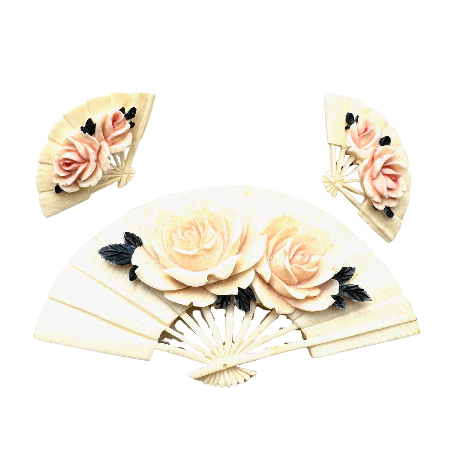 Vintage Older Intricately Carved Fan with Roses 3 Inch Pin Brooch Matching Screw Back Earrings: Vintage Older Intricately Carved Fan with Roses 3 Inch Pin Brooch Matching Screw Back Earrings