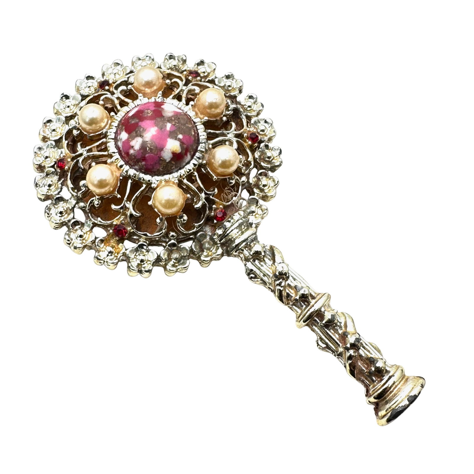 Vintage Tiny Vanity Mirror Gold tone Faux Pearl Rhinestone 4 Inch: Vintage Tiny Vanity Mirror Gold tone Faux Pearl Rhinestone 4 Inch