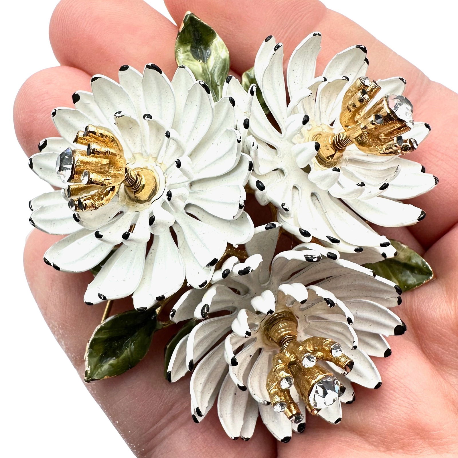 Stunning Vintage Enamel Flower Trembler Rhinestone Gold Tone Brooch Likely Unsigned Designer (1 of 2)