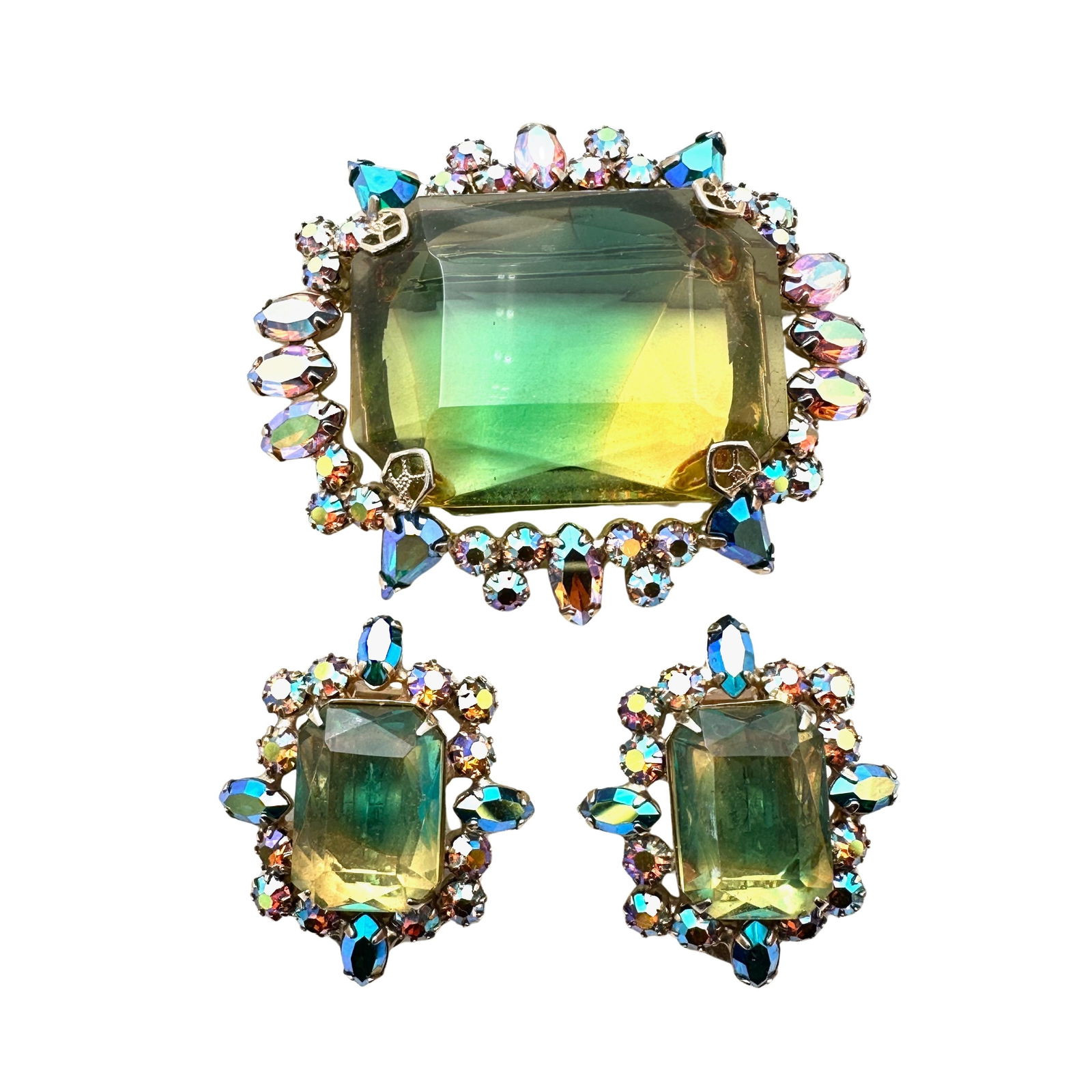 Stunning Vintage Unsigned Alice Caviness Givre Glass Rhinestone Brooch Pin Clip Earrings Set (1 of 2)