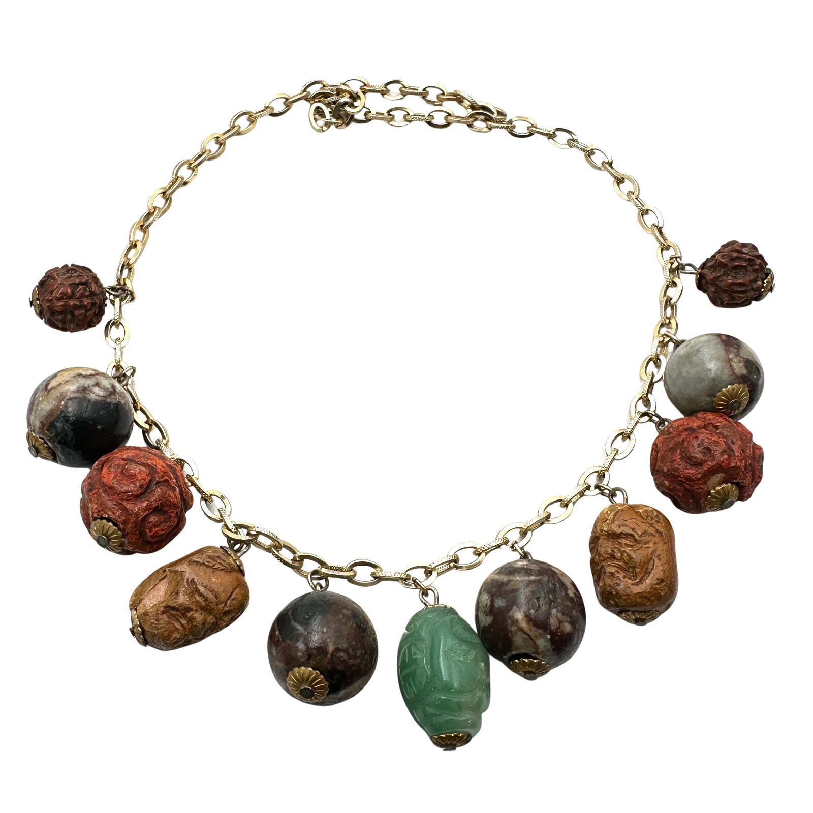 Vintage Charm Necklace Jade Carved Nut Cinnabar Gemstone Bead Gold Tone Necklace 16 Inch: Vintage Charm Necklace Jade Carved Nut Cinnabar Gemstone Bead Gold Tone Necklace 16 Inch