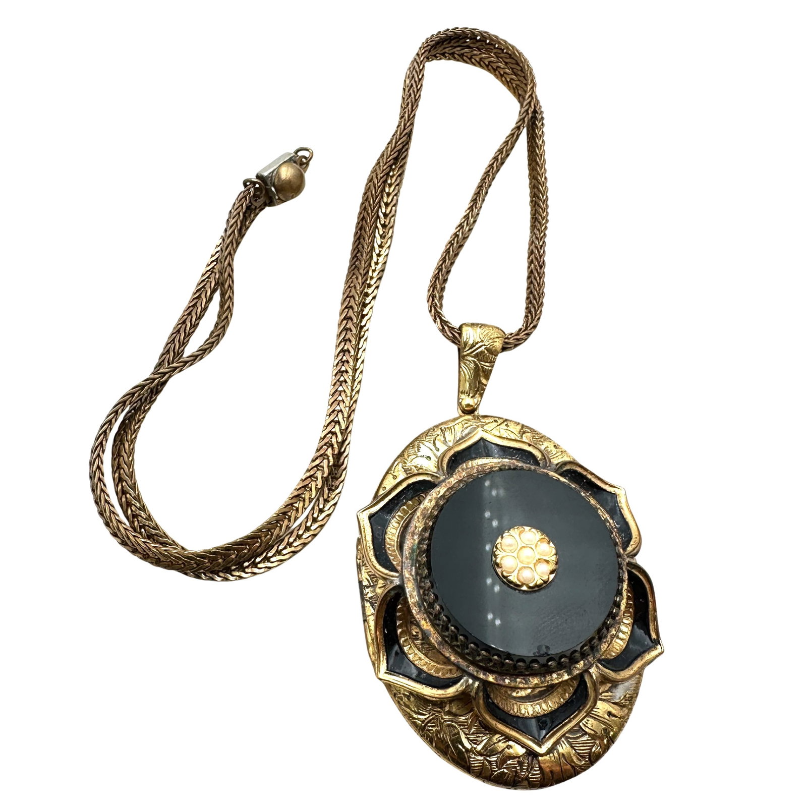 Antique Vintage Black Glass Enamel Faux Seed Pearl Picture Locket Pendant Necklace 20 Inch Chain: Antique Vintage Black Glass Enamel Faux Seed Pearl Picture Locket Pendant Necklace 20 Inch Chain