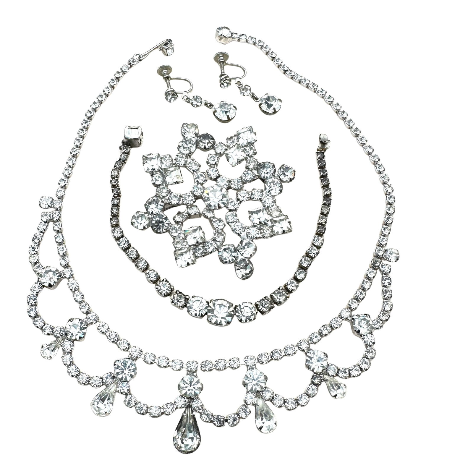 Vintage Kramer Clear Glass Rhinestone Silver Tone Necklace Bracelet Brooch Pin Earrings Set (1 of 2)