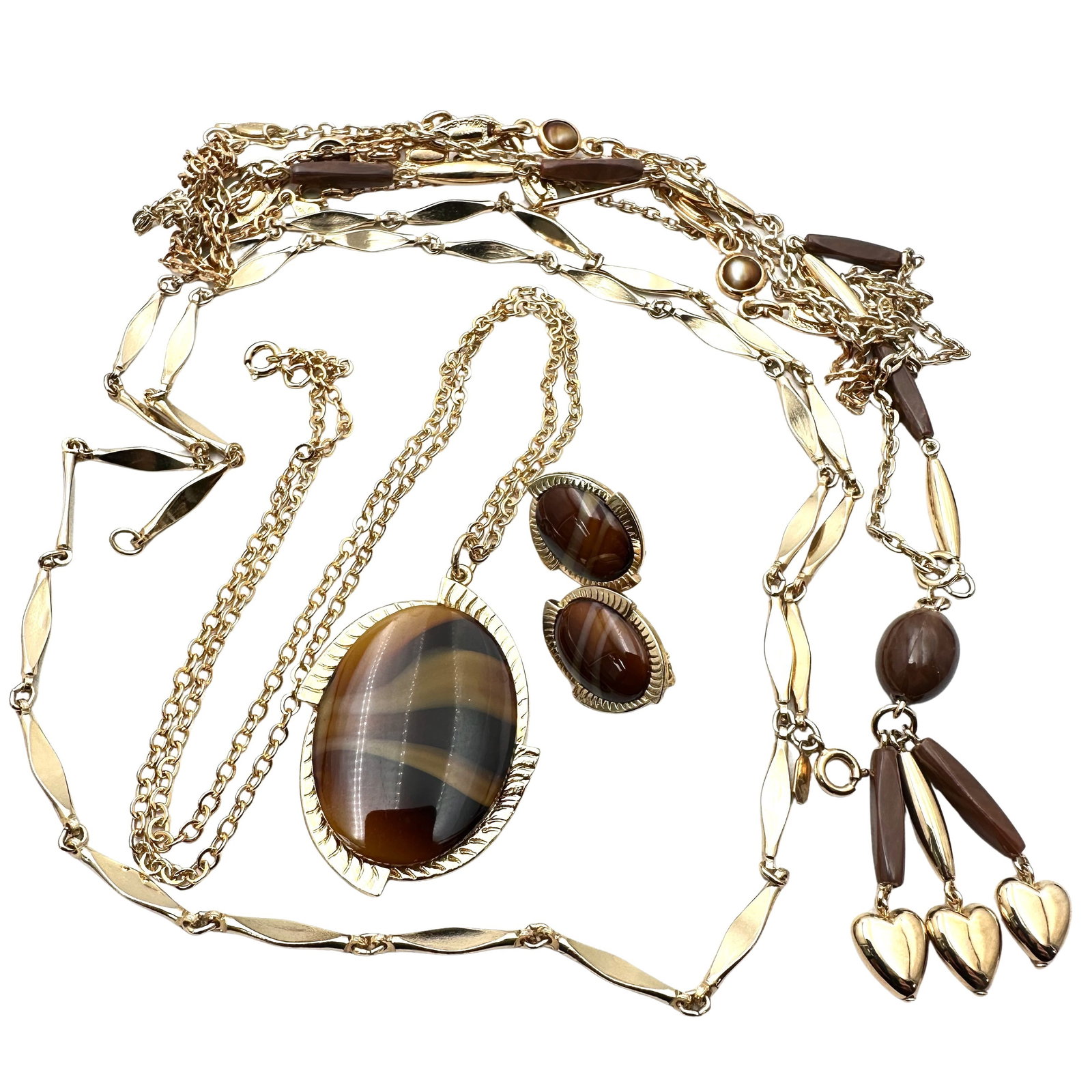 Vintage Group of Sarah Coventry Amber Colored Slag Glass Necklaces Gold Tone Earrings: Vintage Group of Sarah Coventry Amber Colored Slag Glass Necklaces Gold Tone Earrings