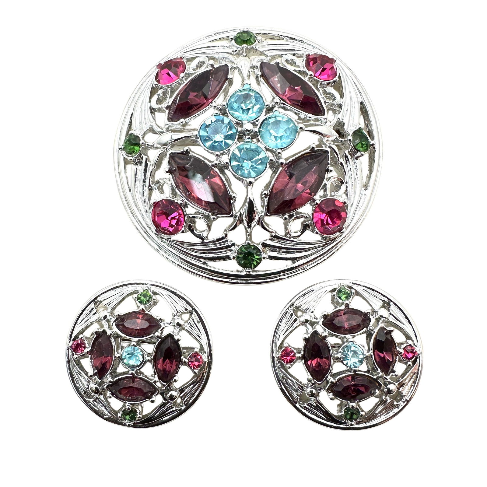 Vintage Sarah Coventry Multicolor Rhinestone Silver Tone Brooch Clip Earrings Set Unworn Old Stock (1 of 2)