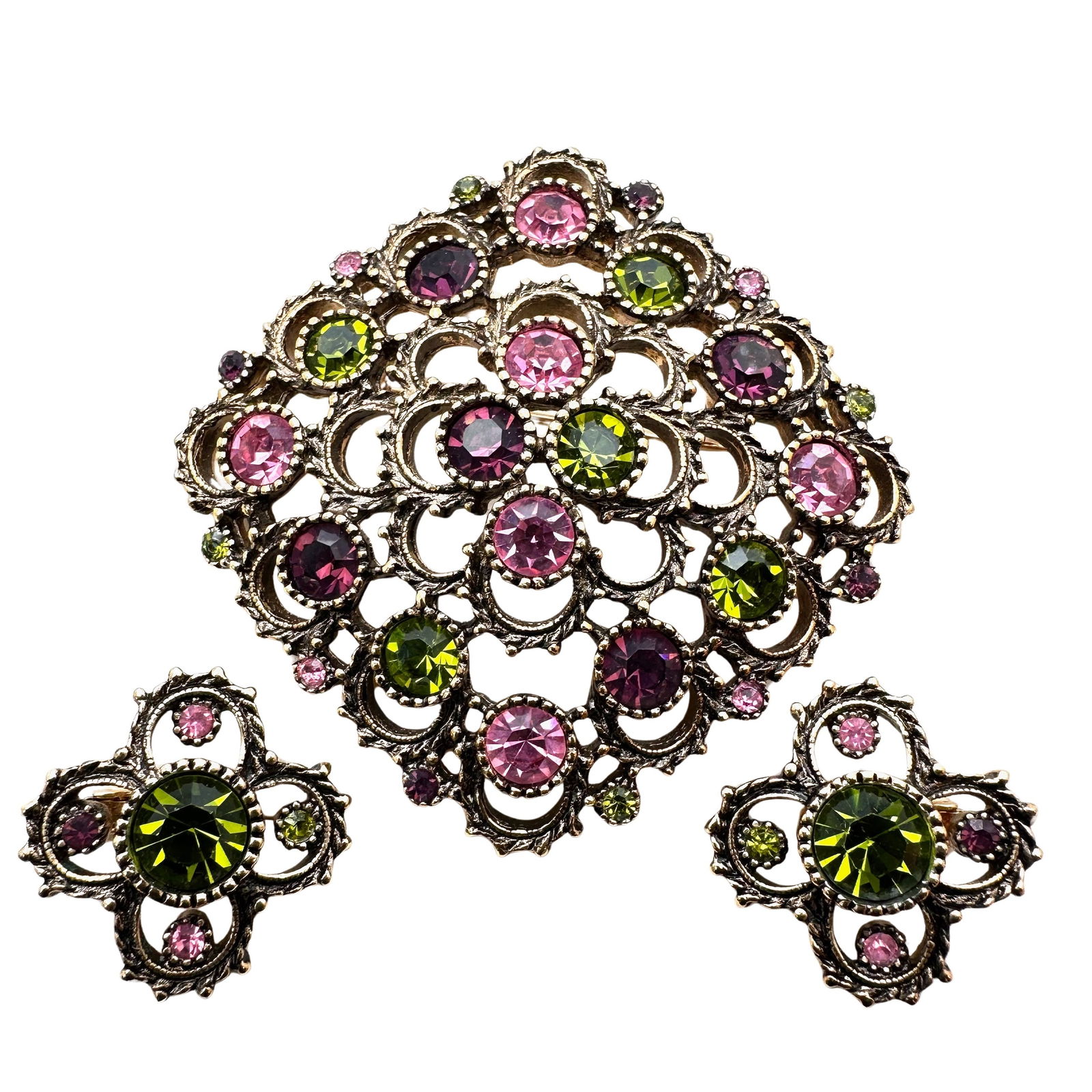 Vintage Sarah Coventry Multicolor Rhinestone Gold Tone Brooch Clip Earrings Set Unworn Old Stock (1 of 2)