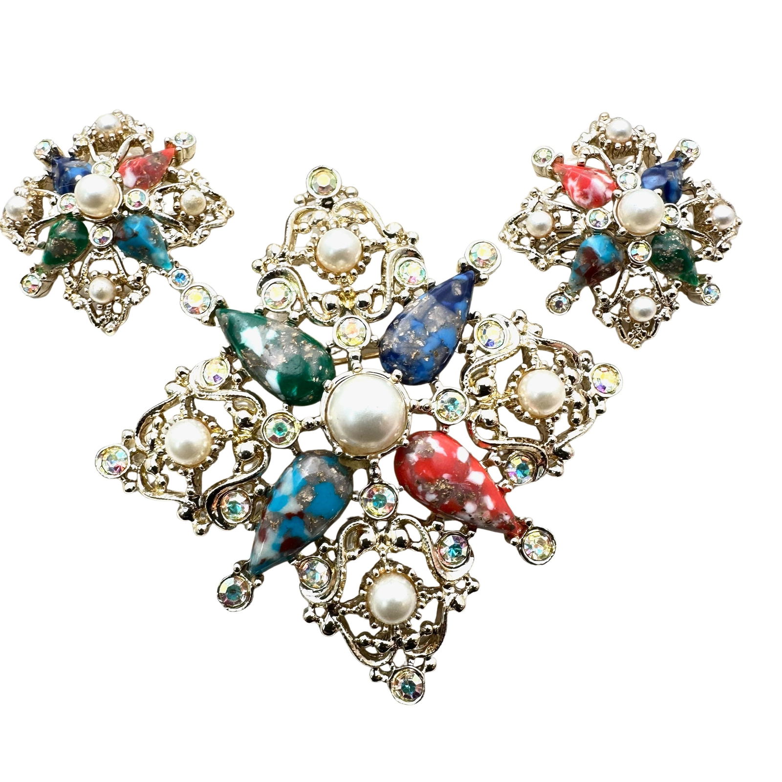 Vintage Sarah Coventry Multicolor Rhinestone & Lucite Gold Tone Brooch Clip Earrings Set Unworn (1 of 2)