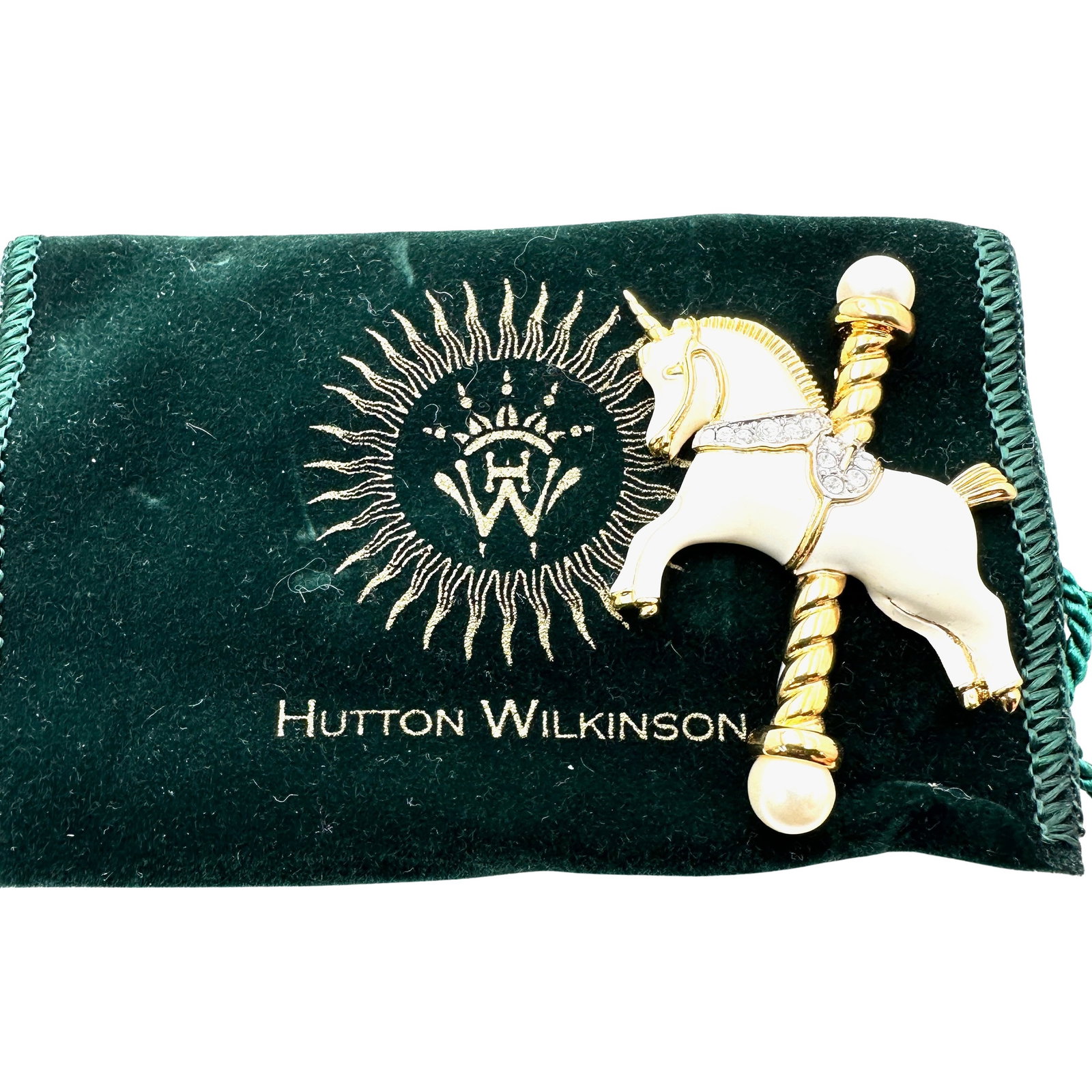 Vintage Hutton Wilkinson Off White Cream Gold Tone Carousel Horse Pin Brooch Original Pouche: Vintage Hutton Wilkinson Off White Cream Gold Tone Carousel Horse Pin Brooch Original Pouche