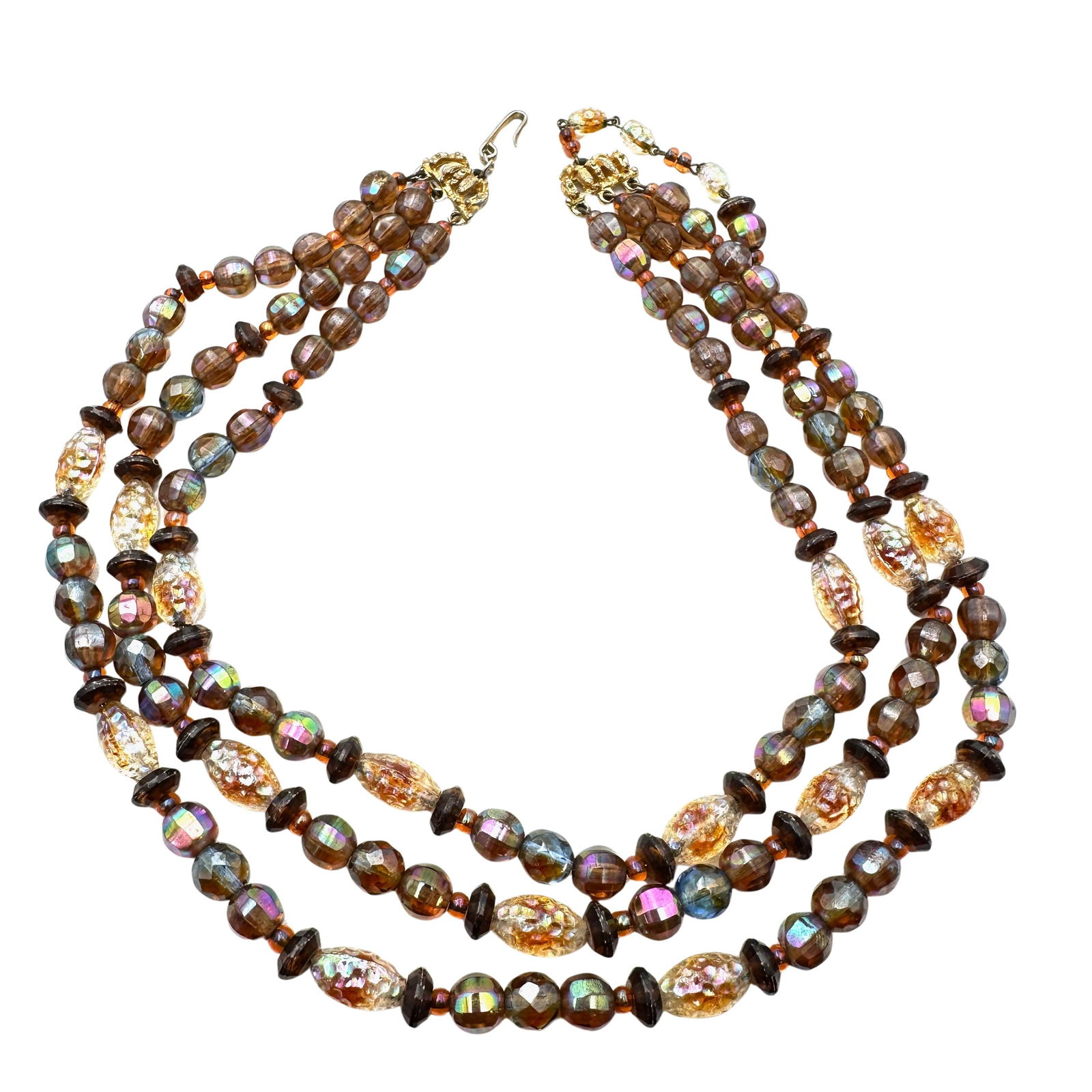 Vintage Hobe Glass Aurora Borealis Bead Three Strand Wire Strung Necklace 16 Inch: Vintage Hobe Glass Aurora Borealis Bead Three Strand Wire Strung Necklace 16 Inch