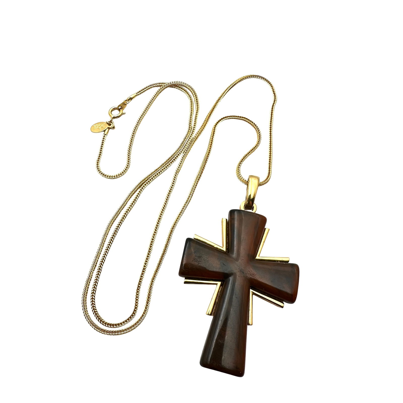Vintage Trifari Brown Swirl Lucite Gold Tone Cross Necklace 28 Inch: Vintage Trifari Brown Swirl Lucite Gold Tone Cross Necklace 28 Inch