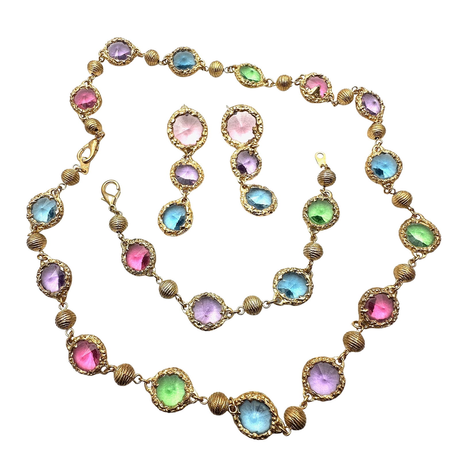 Vintage Pastel Glass Crystal Gold Tone 22 Inch Necklace 7 Bracelet 2 Inch Pierced Earrings: Vintage Pastel Glass Crystal Gold Tone 22 Inch Necklace 7 Bracelet 2 Inch Pierced Earrings