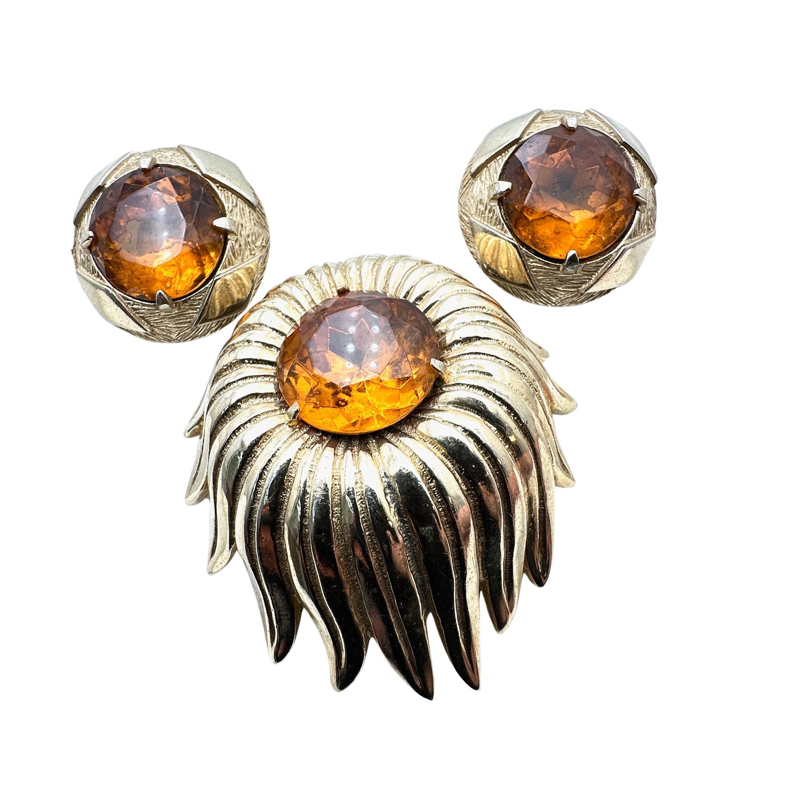 Vintage Bobley Orange Glass Rhinestone Gold Tone Brooch Clip Earrings: Vintage Bobley Orange Glass Rhinestone Gold Tone Brooch Clip Earrings