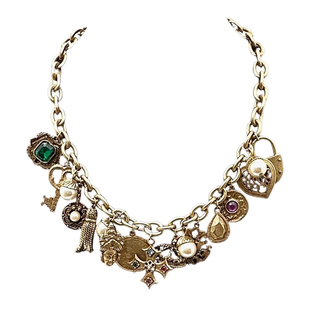 Stunning Vintage Matte Gold Tone Rhinestone Charm Necklace 16 Inch Crown Maltese Cross (1 of 2)