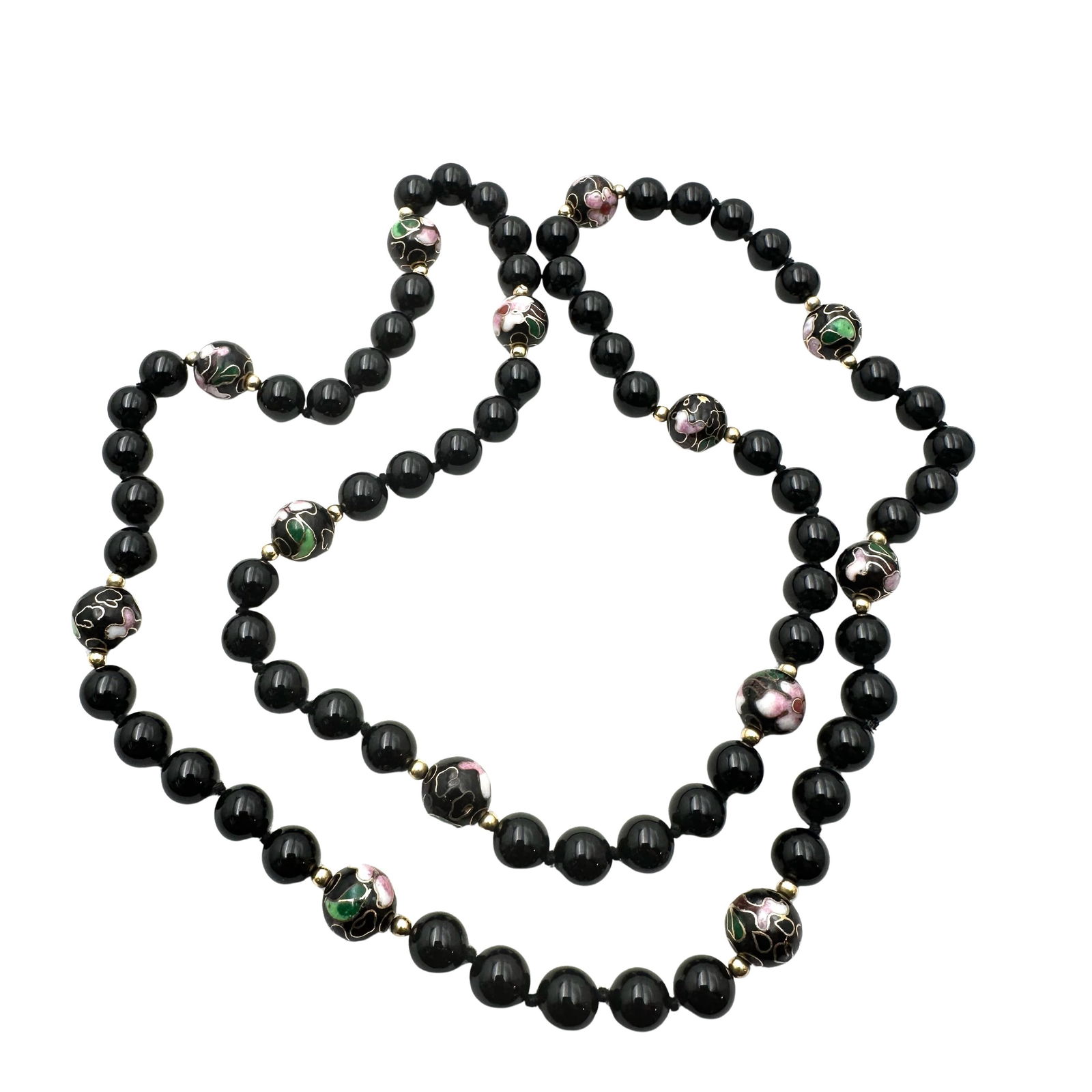 Vintage Cloisonne Bead Black Onyx Gemstone Bead 28 Inch Necklace (1 of 2)