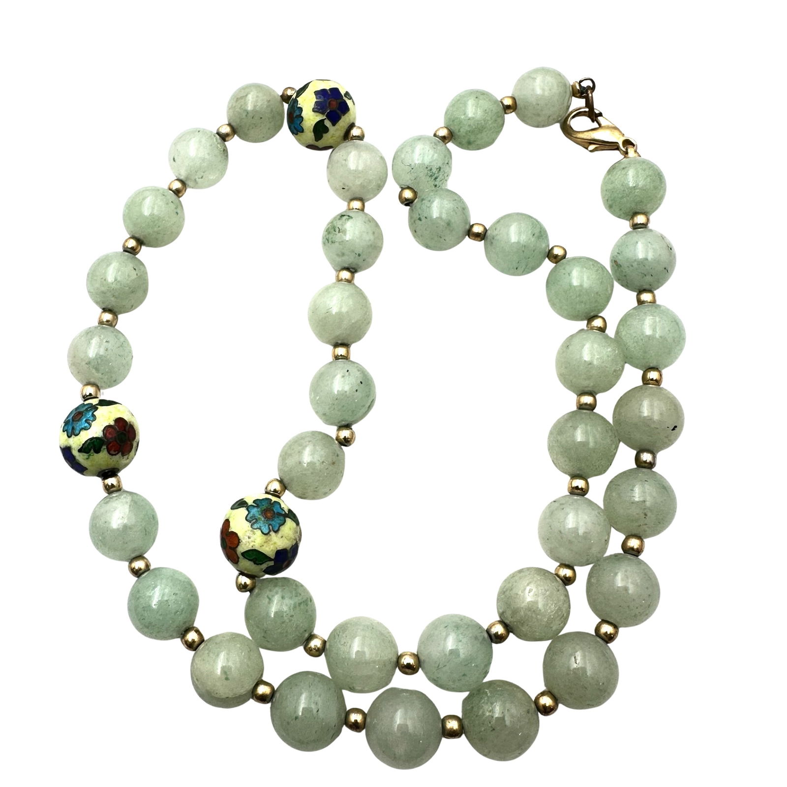 Vintage Green Jade Bead Cloisonne Gold Tone Necklace 20 Inch: Vintage Green Jade Bead Cloisonne Gold Tone Necklace 20 Inch