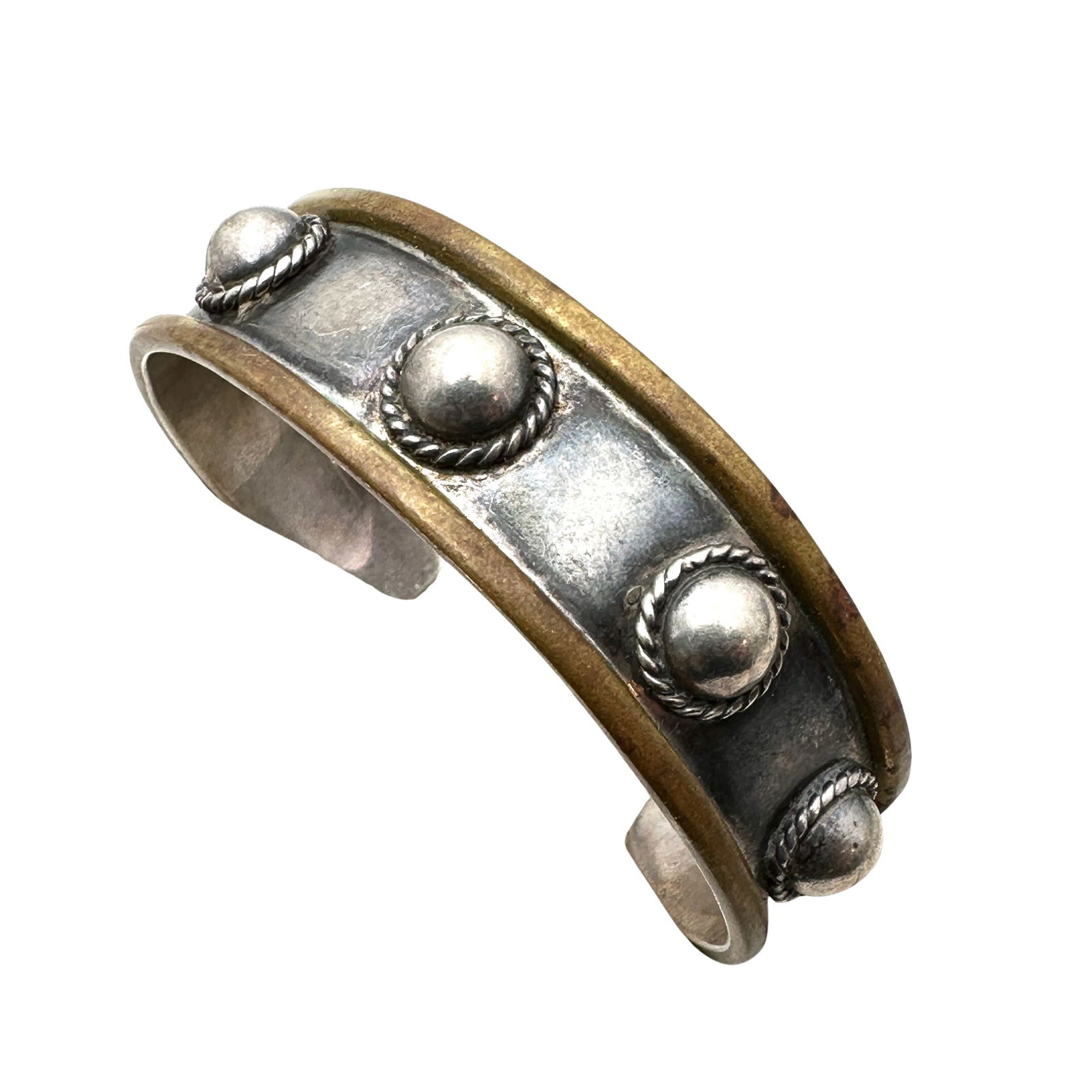 Vintage Mexico Brass & Sterling Silver Cuff Bracelet Studded Design 28 Grams Adjustable Size (1 of 2)