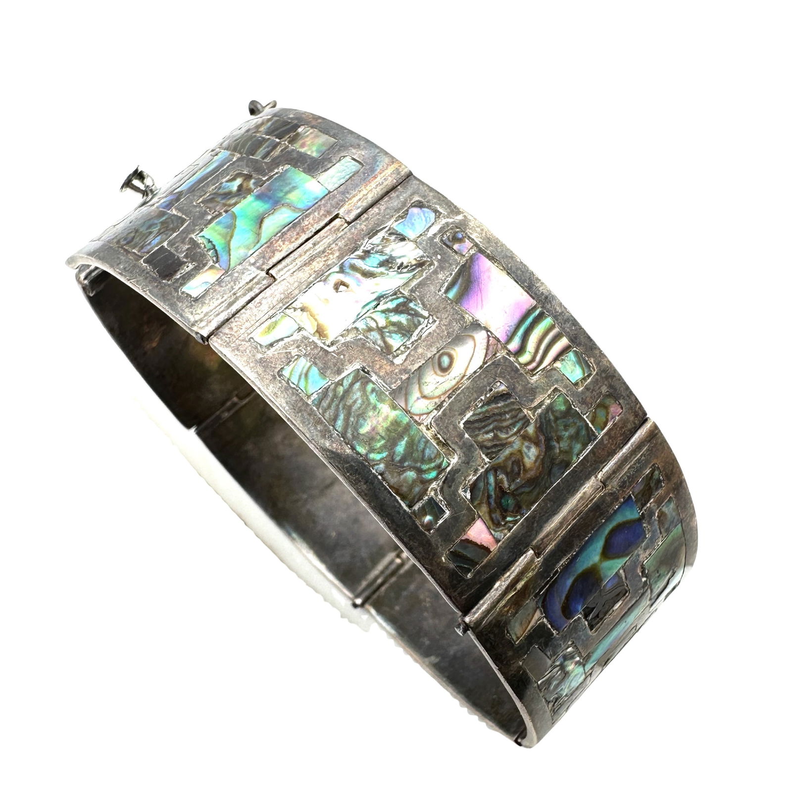 Vintage Taxco Sterling Silver Inlay Abalone 55 Grams Size 7.5 Inch Older Patina Reserved for (1 of 2)