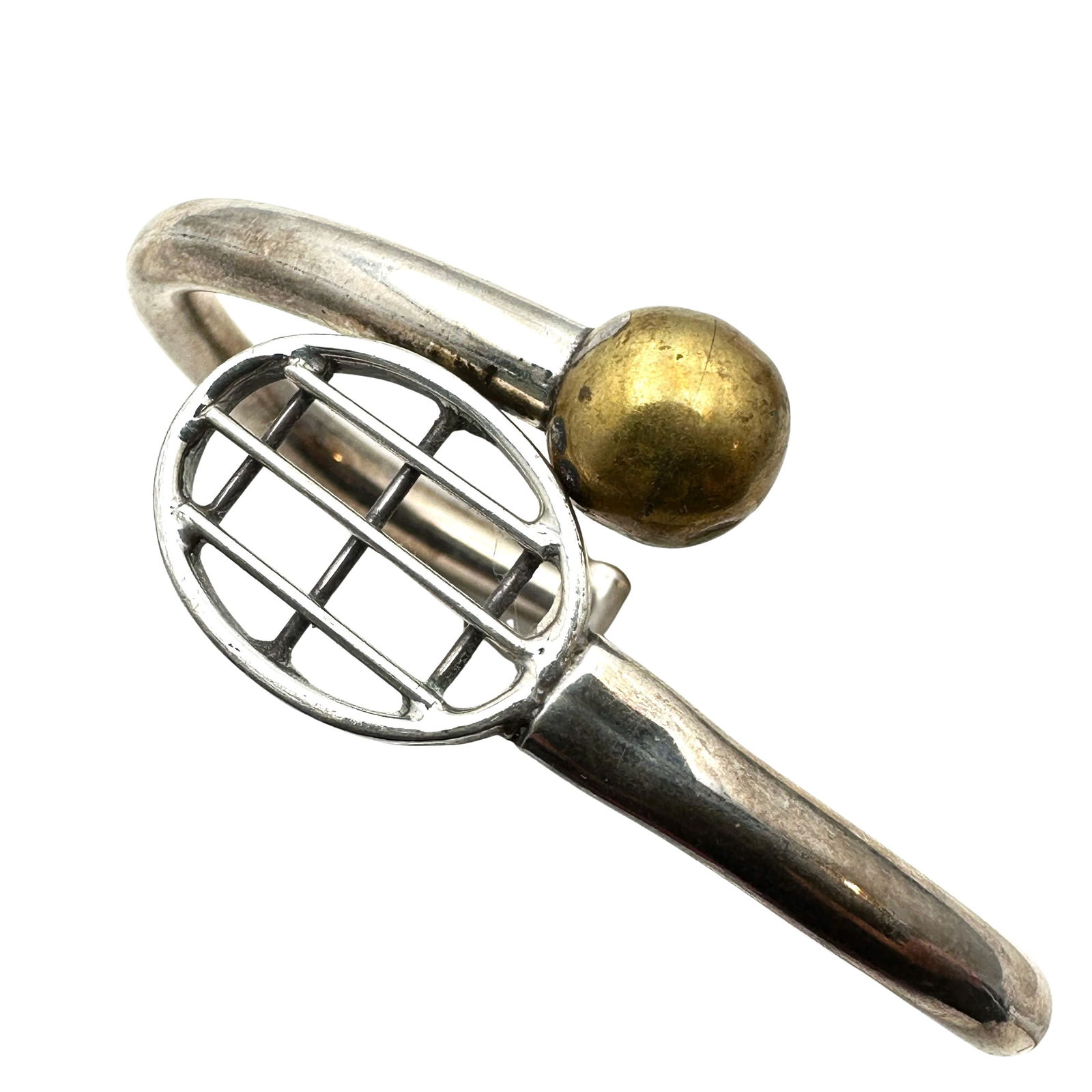 Vintage Taxco Mexico Sterling Silver Brass Tennis Design Hinged Bangle Bracelet 29 Grams 7 Inch (1 of 2)