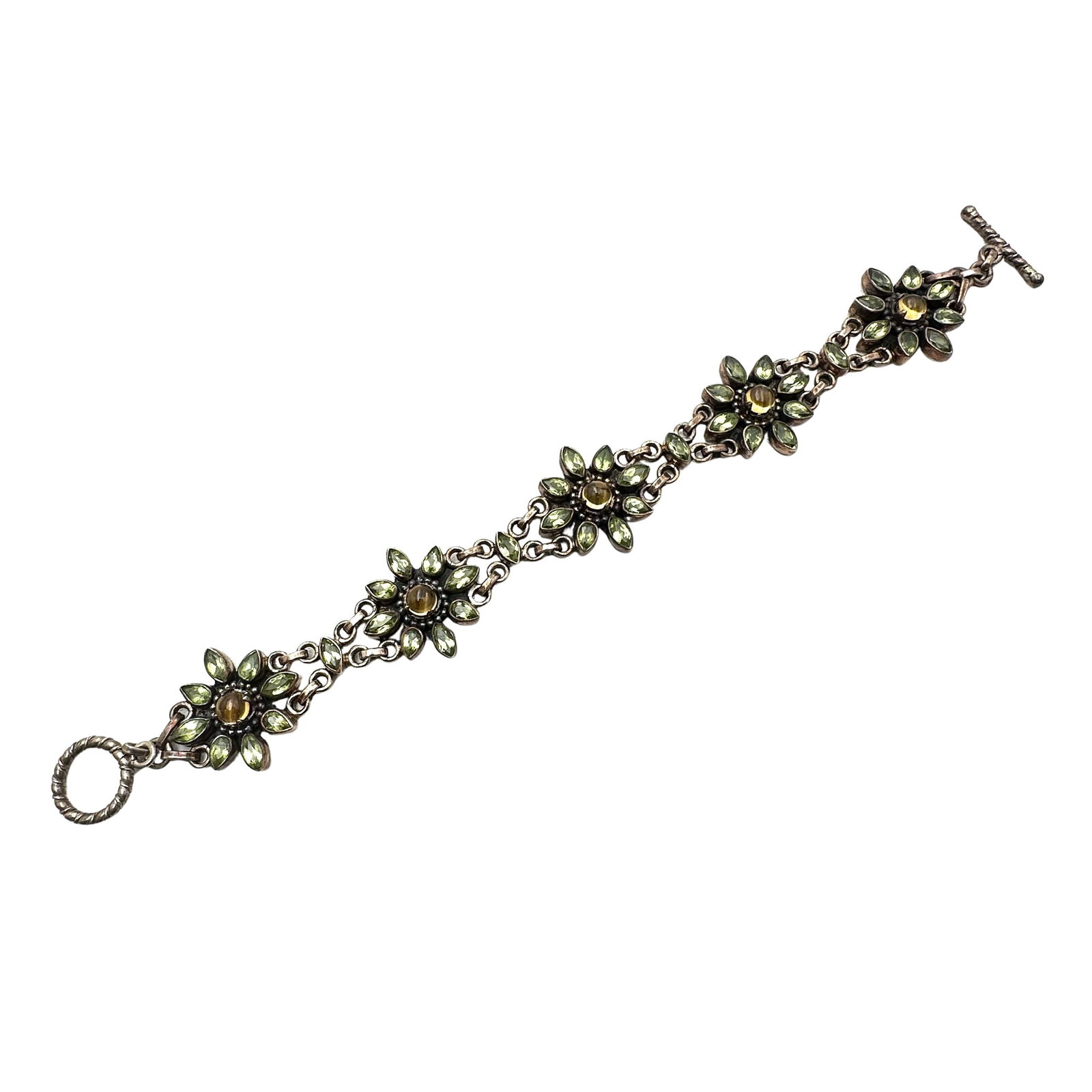 Doug Paulus Citrine Peridot Sterling Silver Flower Design Bracelet 7.5 Inch Weight 29 Grams (1 of 2)