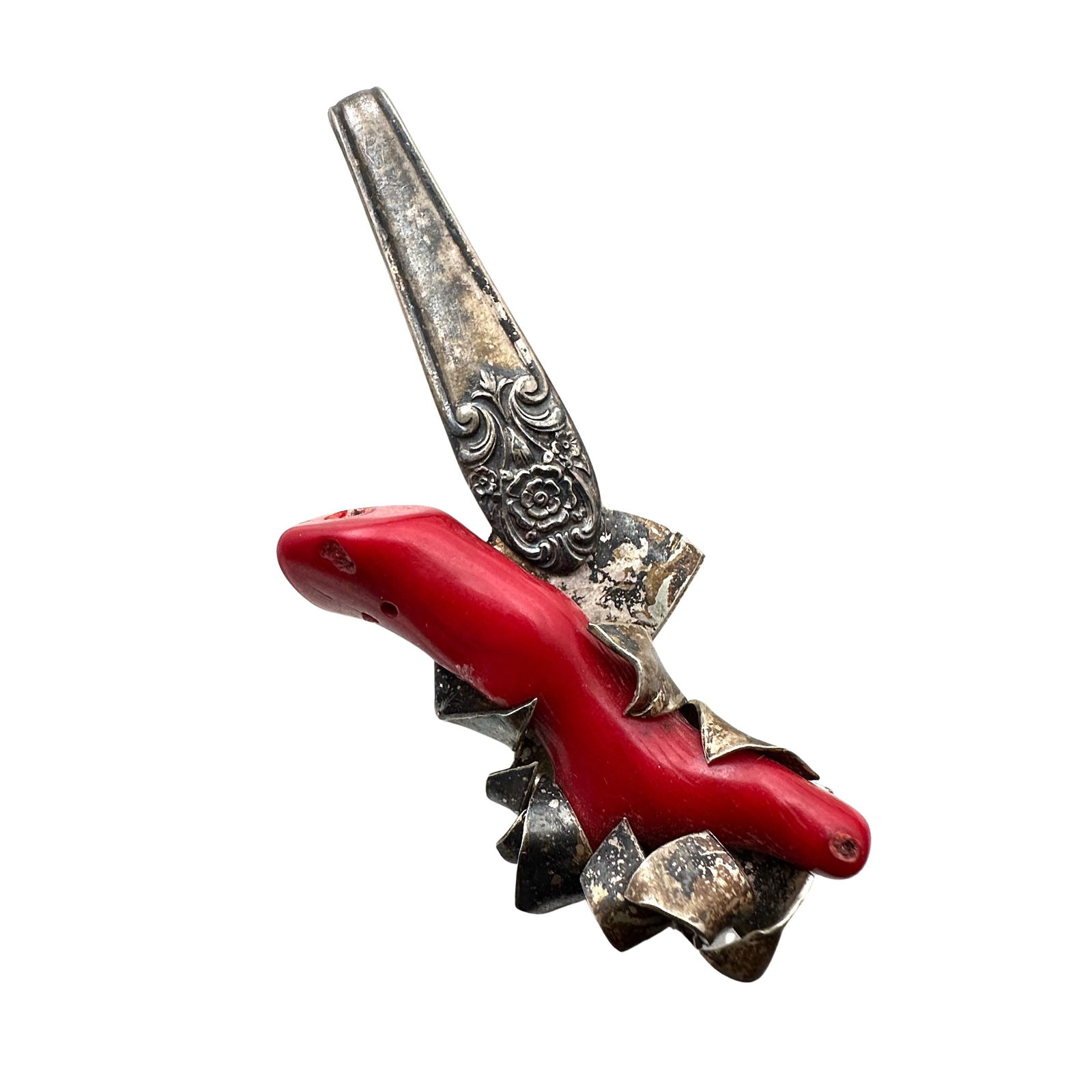 Vintage Red Coral Sterling Silver Artisan Pendant for Necklace 3 Inch Length 36 Grams (1 of 2)