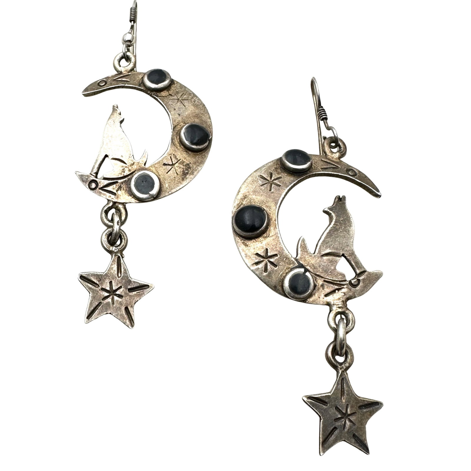 Vintage Taxco Mexico Southwest Design Pierced Earrings 3 Inch Coyote Moon Star 19 Grams: Vintage Taxco Mexico Southwest Design Pierced Earrings 3 Inch Coyote Moon Star 19 Grams