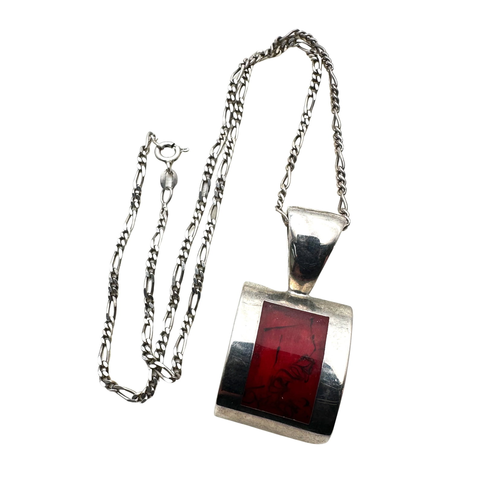 Vintage Mexico Red Coral Sterling Silver Pendant Necklace Chain 18 Inch Weight 22 Grams: Vintage Mexico Red Coral Sterling Silver Pendant Necklace Chain 18 Inch Weight 22 Grams