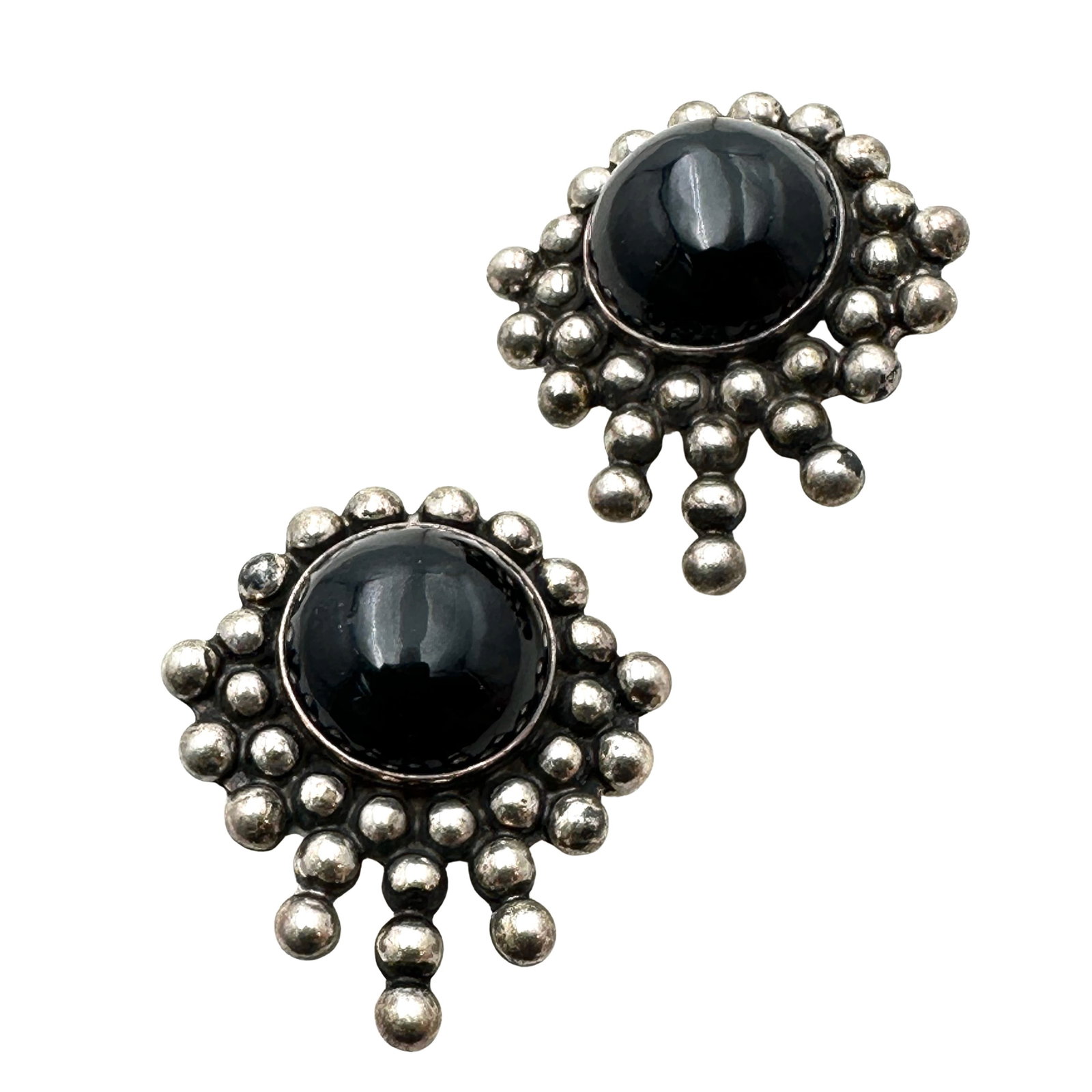 Vintage Taxco Mexico Black Onyx Sterling Silver Clip Earrings 1.5 Inch 20 Grams: Vintage Taxco Mexico Black Onyx Sterling Silver Clip Earrings 1.5 Inch 20 Grams