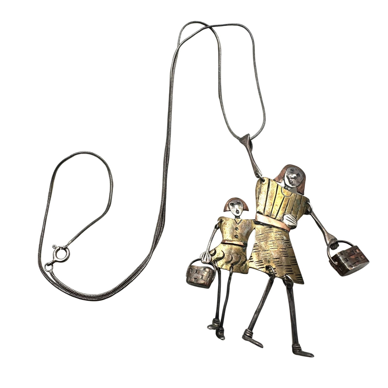 Vintage Artisan Brass Copper Sterling Silver 3 Pendant Necklace Chain 22 Inch Unique Mother Daughter (1 of 3)