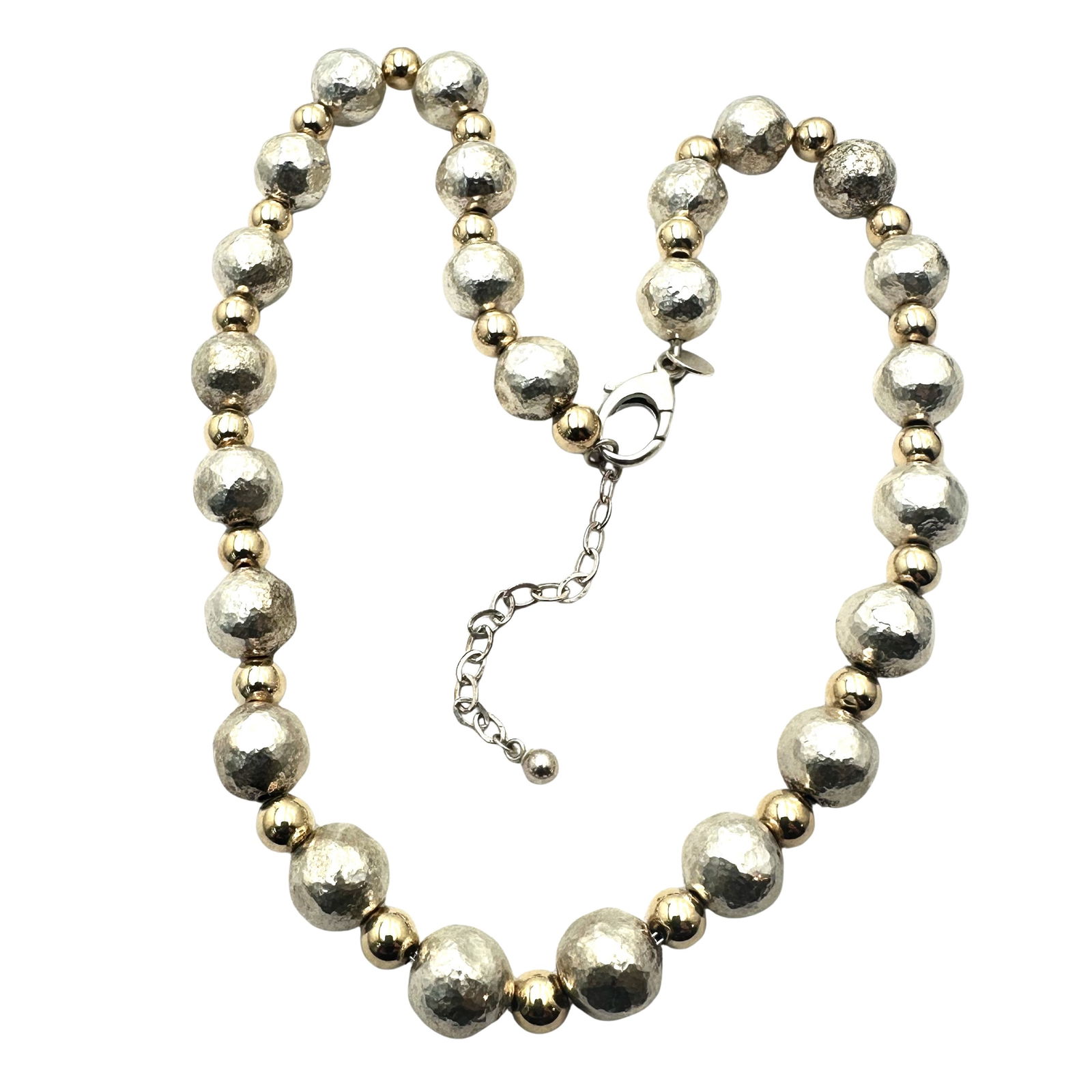 Two Tone Sterling Silver Hammered Bead Necklace 15 to 17 Inch 36 Grams: Two Tone Sterling Silver Hammered Bead Necklace 15 to 17 Inch 36 Grams