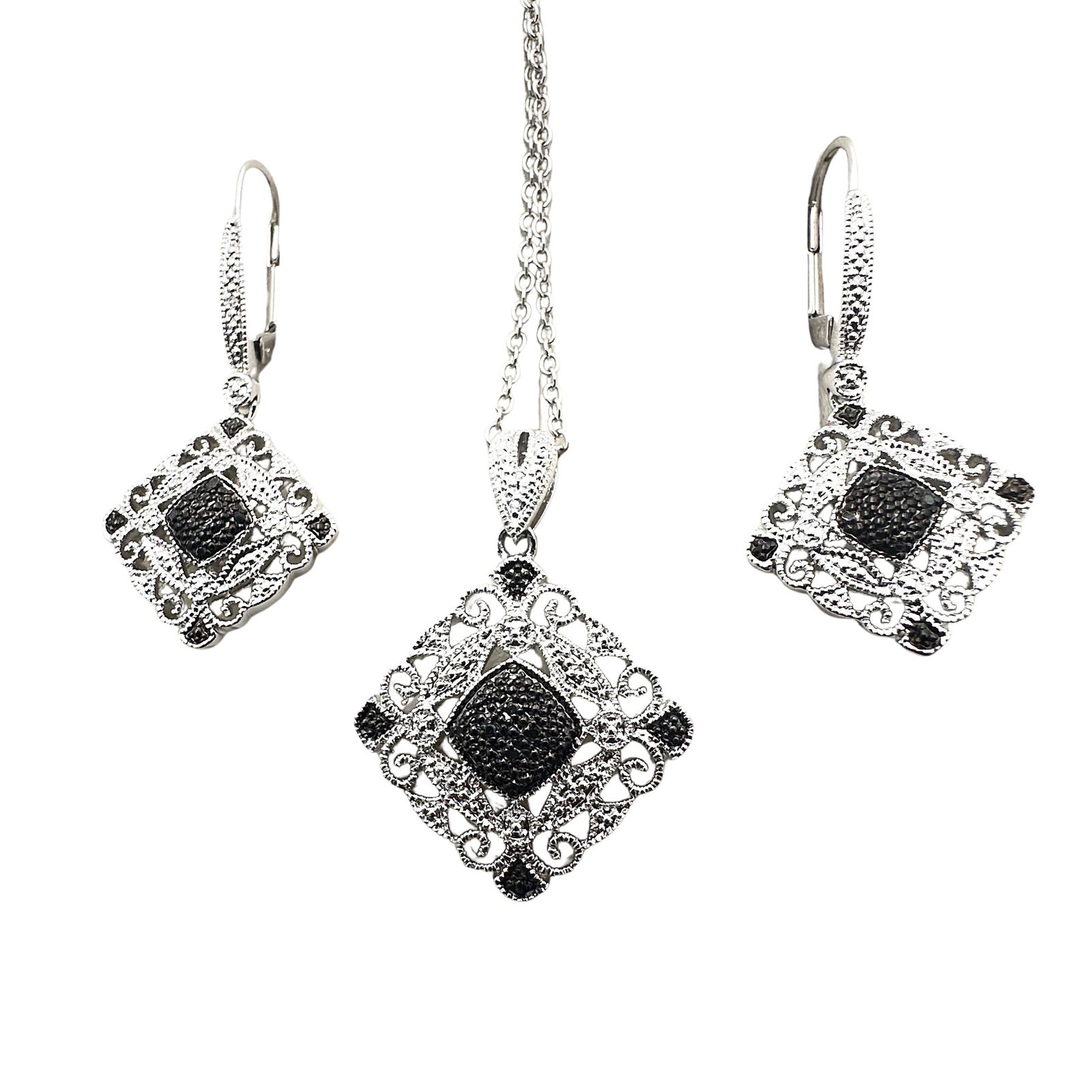Black White Diamond Sterling Silver Pendant Necklace Pierced Earrings 16 Inch Chain: Black White Diamond Sterling Silver Pendant Necklace Pierced Earrings 16 Inch Chain